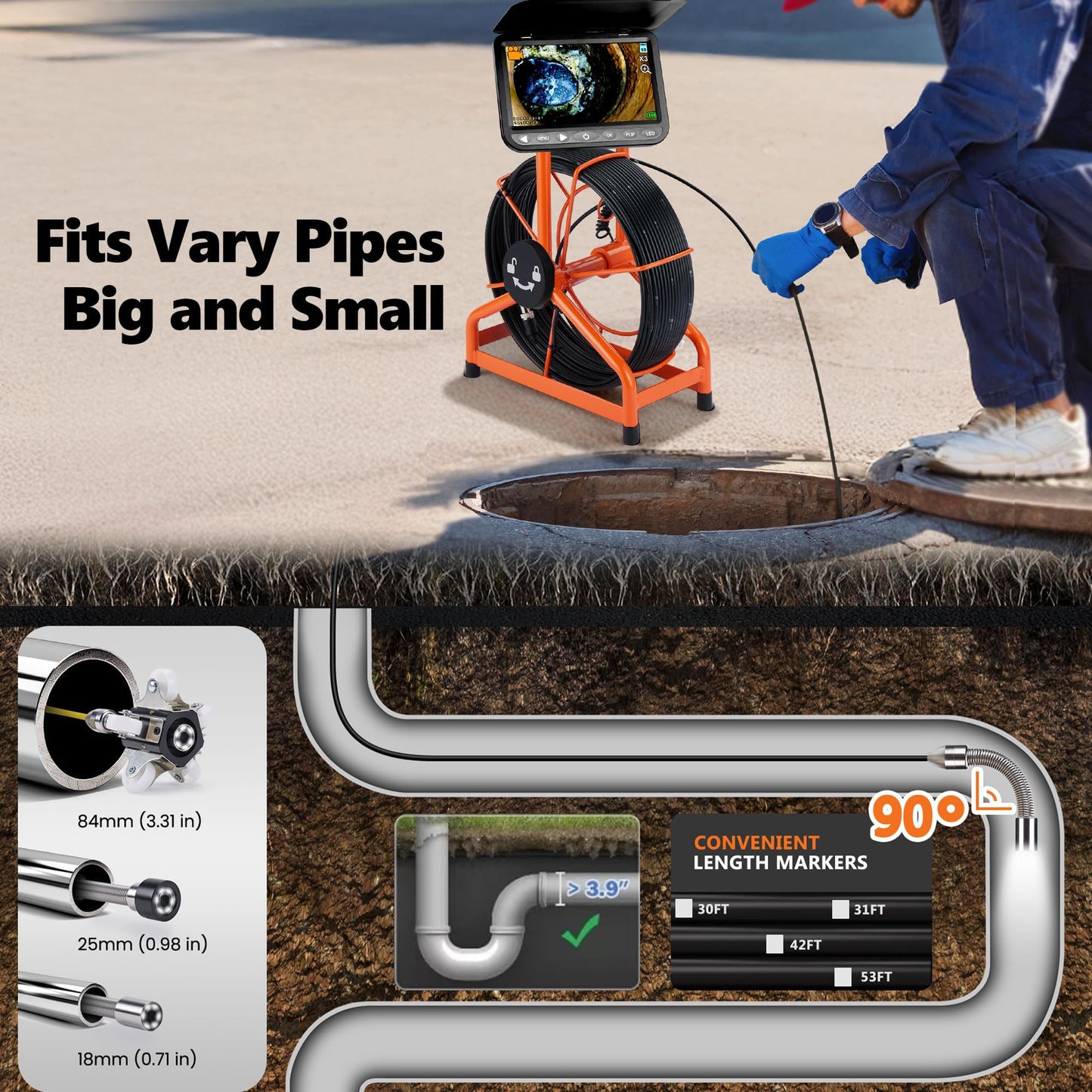 𝟐𝟎𝟐𝟔 𝐧𝐞𝐰 7” Sewer Camera, HD 1080P w/DVR-32GB, [New 1s Twist-to-Unlock System] Plumbing Snake Pipe Inspection Camera, [Thicker Cable Reel] Drain Camera, 5000mAh, [360°+180° Rotate] 100ft/30m