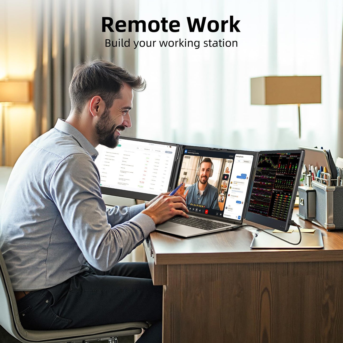 ZUMWALT Laptop Screen Extender, 14" Triple Portable Monitor for Laptop, 1080P FHD Screen Extender Monitors for 13"-16.5", Monitor Extender for MacOS/Windows/Chrome (Built-in Speakers)
