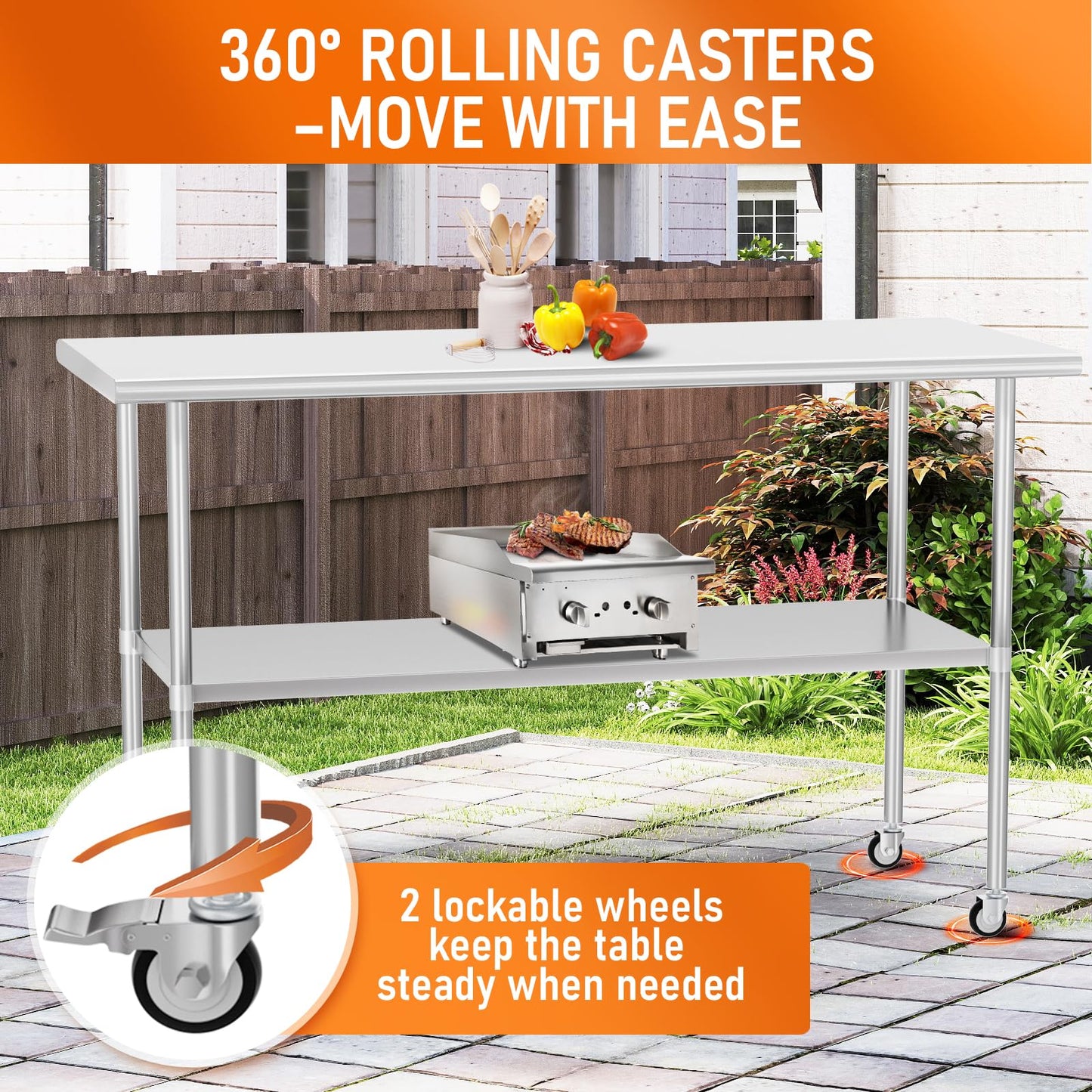HOCCOT Stainless Steel Table with Wheels 24" x 60" Utility Worktable with Adjustable Undershelf for Commercial Kitchen, Garage, Restaurant