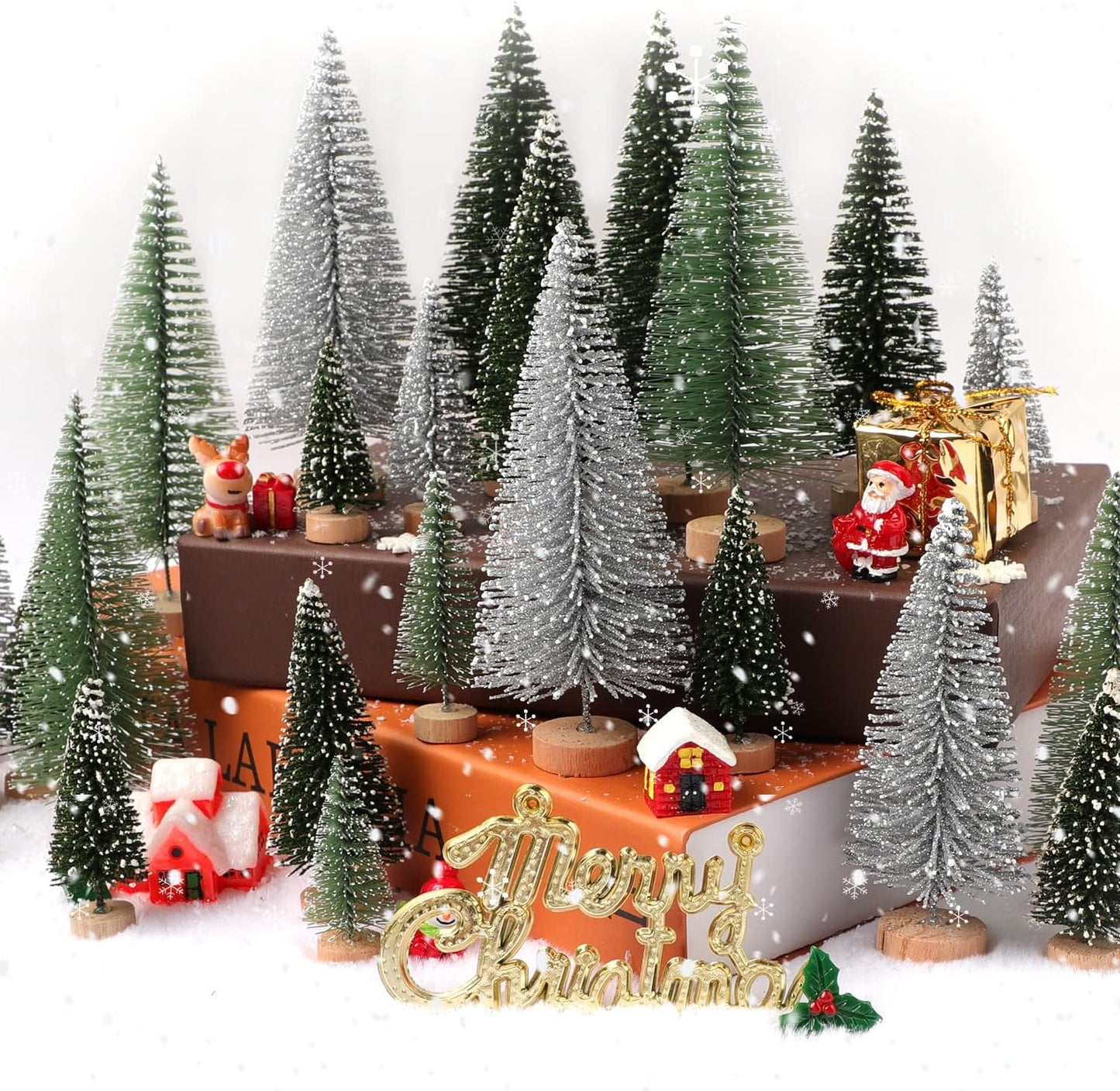Skiennix Mini Christmas Trees - 30Pcs Artificial Bottle Brush Trees with Wooden Base for Holiday Decor