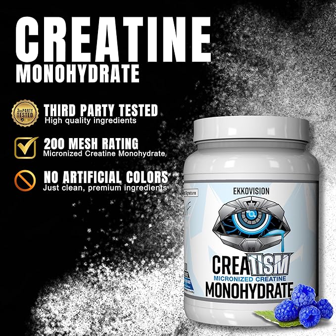 Ekkovision Creatine Monohydrate Powder, Micronized, Puckin' Blue Razz, Pre Workout & Post Workout Supplement for Men & Women, Energy Support, Easy to Mix in Shakes, Smoothies & Beverages, 100 Servings