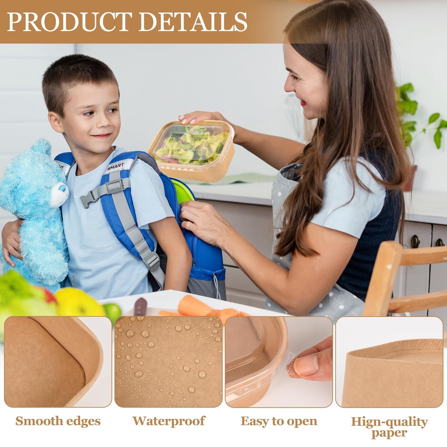 Peseojiar 50 Pack Disposable Meal Prep Containers, 25oz Disposable Large Paper Bowls with Lids and Forks for Salad, Noodles, Freezer and Microwavable Storage Use Cardboard Food Containers