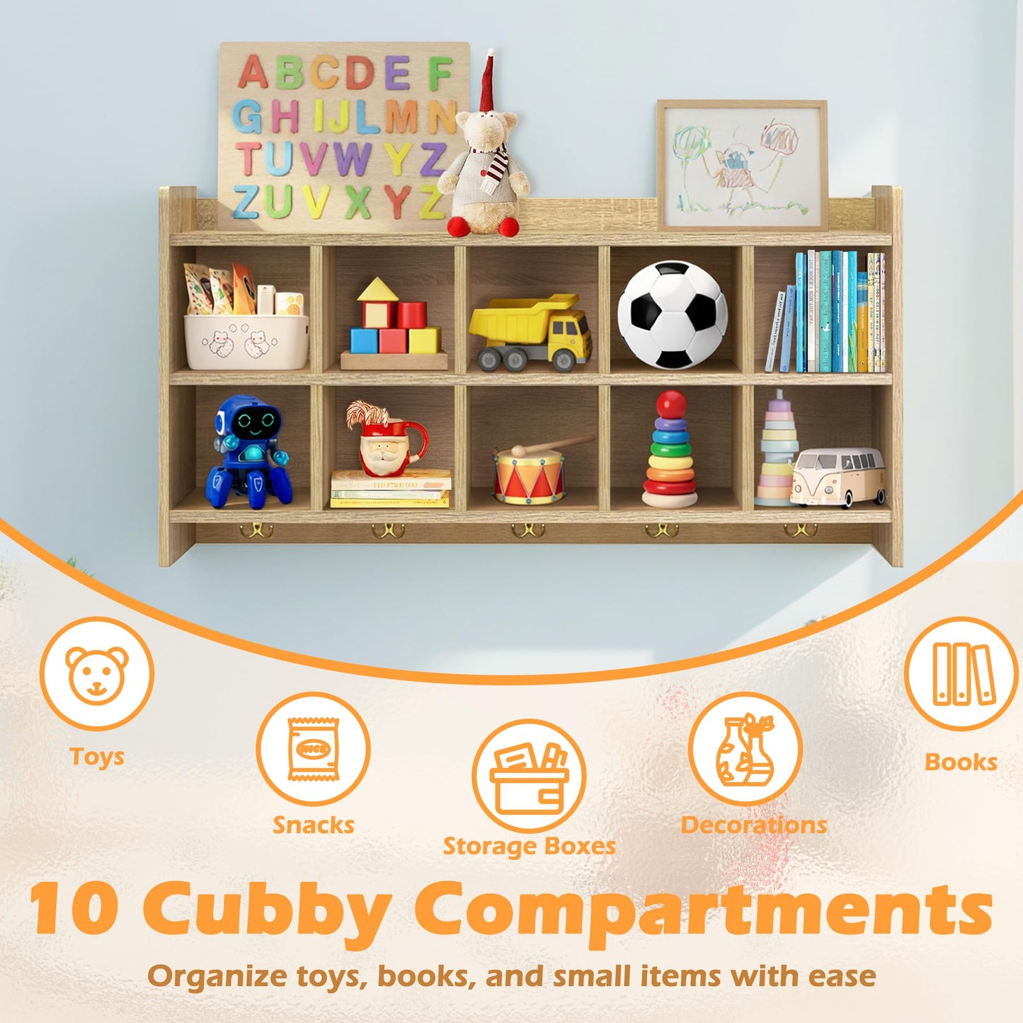 Verssure Wall Cubbies, 10 Cubby Storage Organizer with Coat Hooks, Cubbies for Classrooms,Wooden Cubby Shelf for Toys, Bags and Books, Used in School, Gym, Daycare Storge (White Oak)
