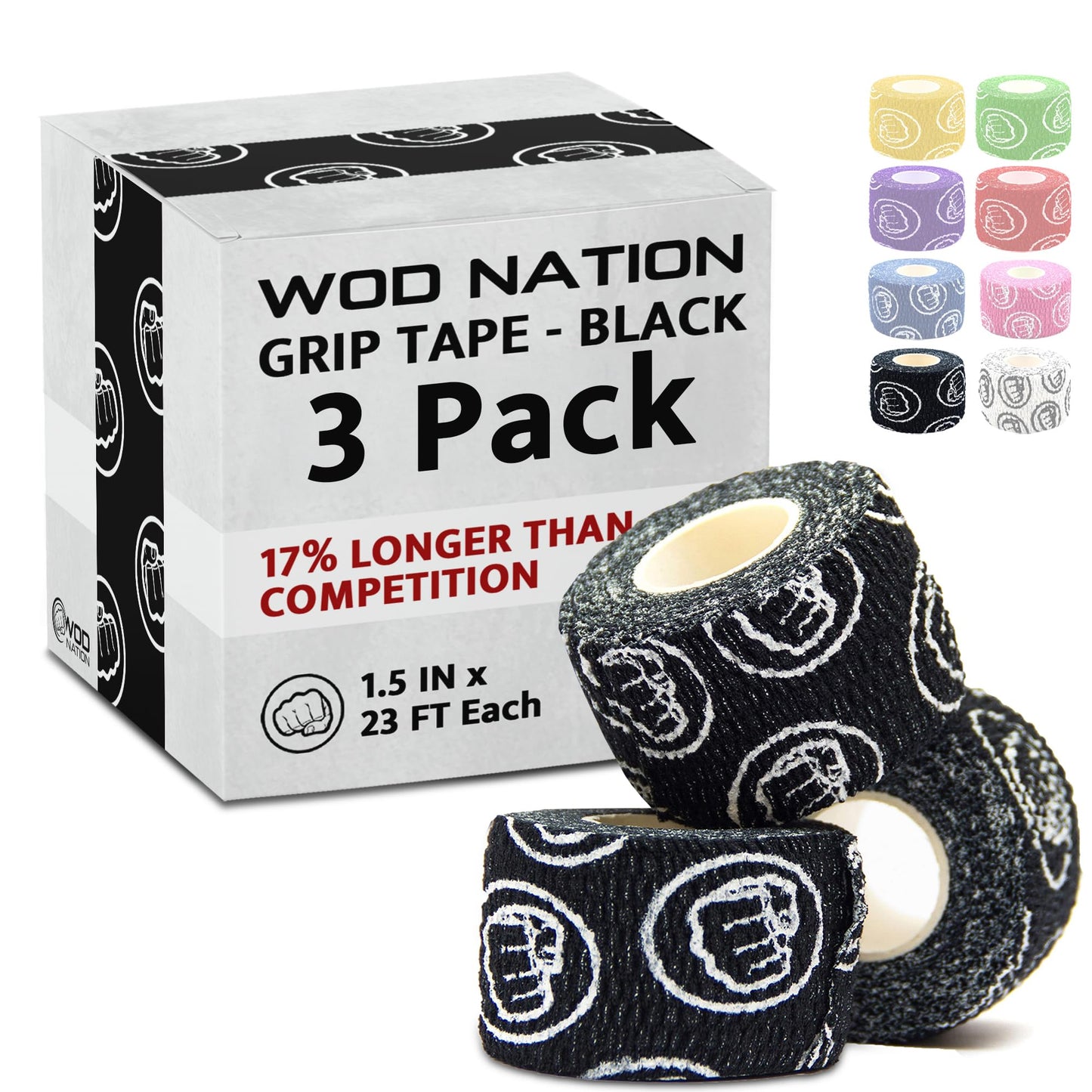 WOD Nation Hook Grip Athletic Tape - for Weightlifting Grips & Gym Sessions - Sweat-Proof Workout Tape - Versatile Weightlifting Accessories - Pack of 3, 23 ft, Black
