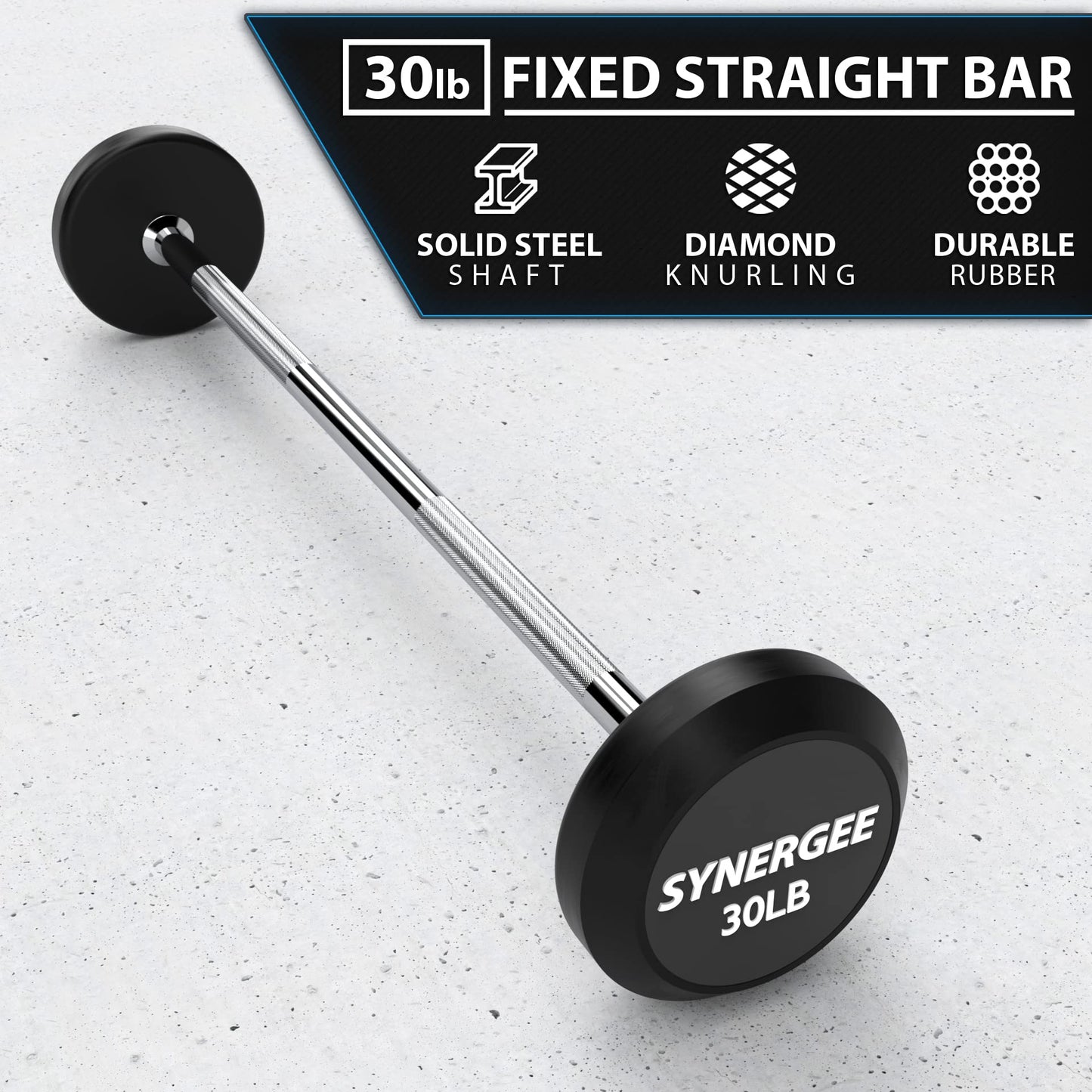 Synergee Fixed 30LB Barbell - Pre Weighted Straight Steel Bar with Rubber Weights - Fixed Weight