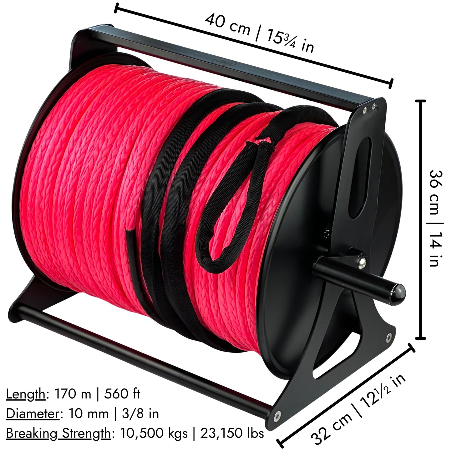 DOWN UNDER OUTDOORS Heavy Duty Game/Log/4x4 Recovery Kit, Deer Drag, 550 ft of 3/8” (23,150 lbs) Winch Rope on Metal Reel, 2 Tree Savers, 2 Soft Shackles, 2 Snatch Rings, 2 Figure 8 Rings, Gear Bag