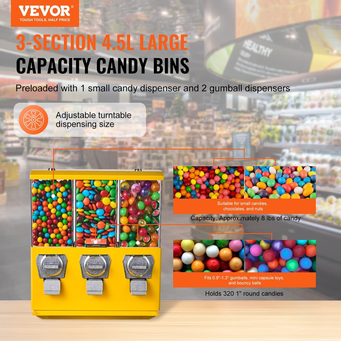VBENLEM Triple Head Candy Vending Machine, 1-inch Gumball Vending Machine, Commercial Gumball Vending Machine with Stand and Adjustable Candy Outlet Size, Candy Vending Machine for Home, Gaming Stores