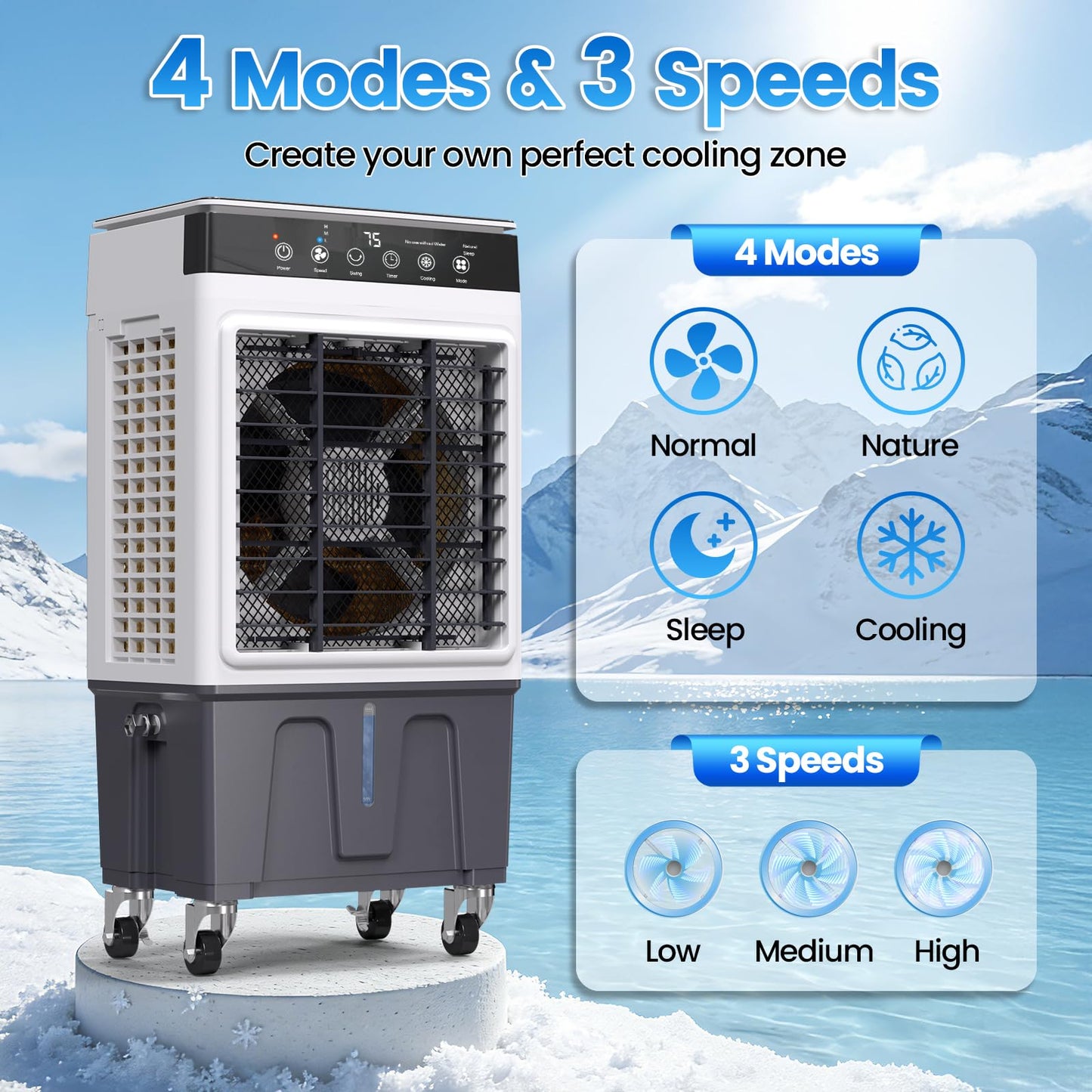 Swamp Cooler Air Conditioner, 4-in-1 Evaporative Air Cooler with 7.5-Gal Water Tank, 4 Modes, 3 Speeds, Dry Burn Protection, Remote, 12H Timer, Portable Windowless AC for Home, Office, Garage