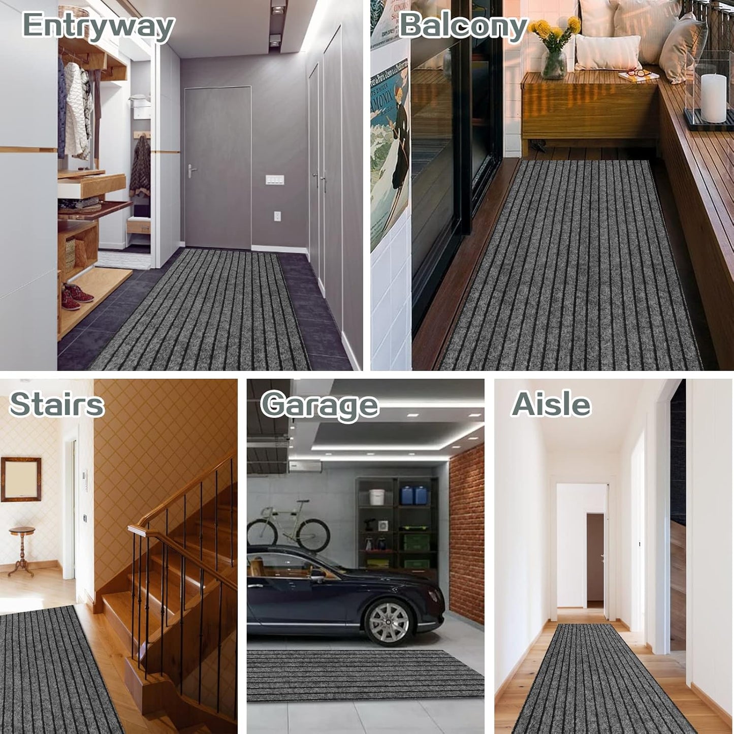 Skiennix Custom Size Runner Rug - Non-Slip Rubber Backing | 2 ft x 6 ft Gray with Black Stripe for Hallway, Kitchen, Garage