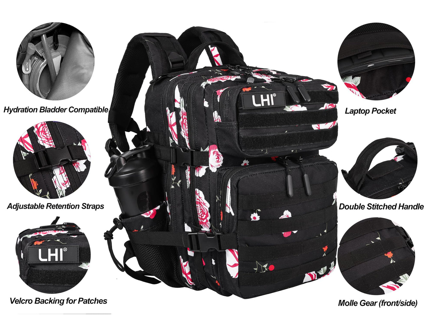 LHI Tactical Military Backpack for Men and Women 25L Army Assault Pack Bag Large Rucksack with Molle System-Flower