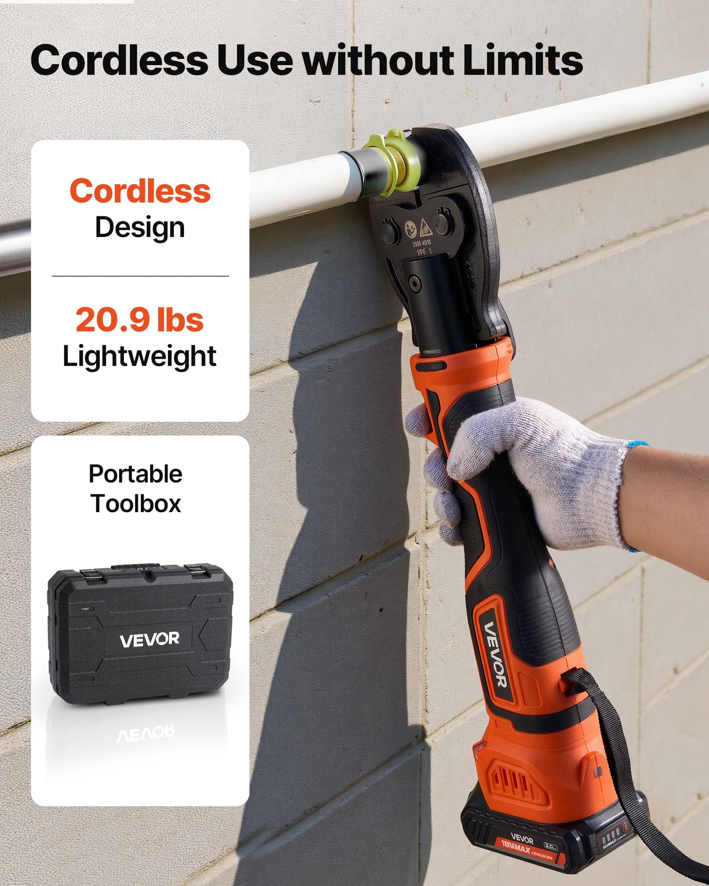 VEVOR Press Tool, 18V Electric Pipe Crimping Tool for 1/2" 3/4" 1" PEX Pipe Stainless Steel Rings, 24KN PEX Press Tool Compatible with PureFlow - with 3 VPF Jaws, 2pcs 2AH Batteries, Charger & Toolbox