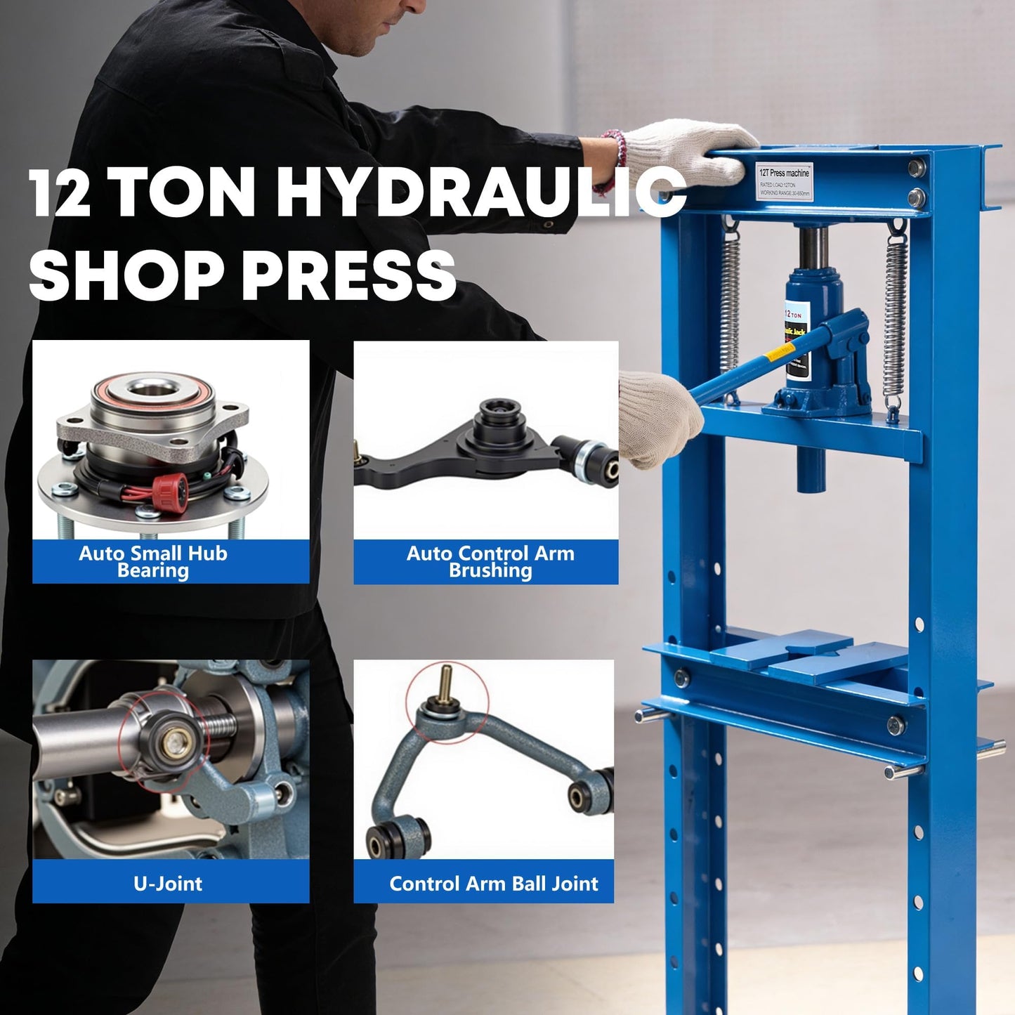 Hydraulic Press, Heavy Duty 12 Ton H-Frame Garage Hydraulic Shop Press, Adjustable Worktable & Plates, for Metal Bending, Straightening