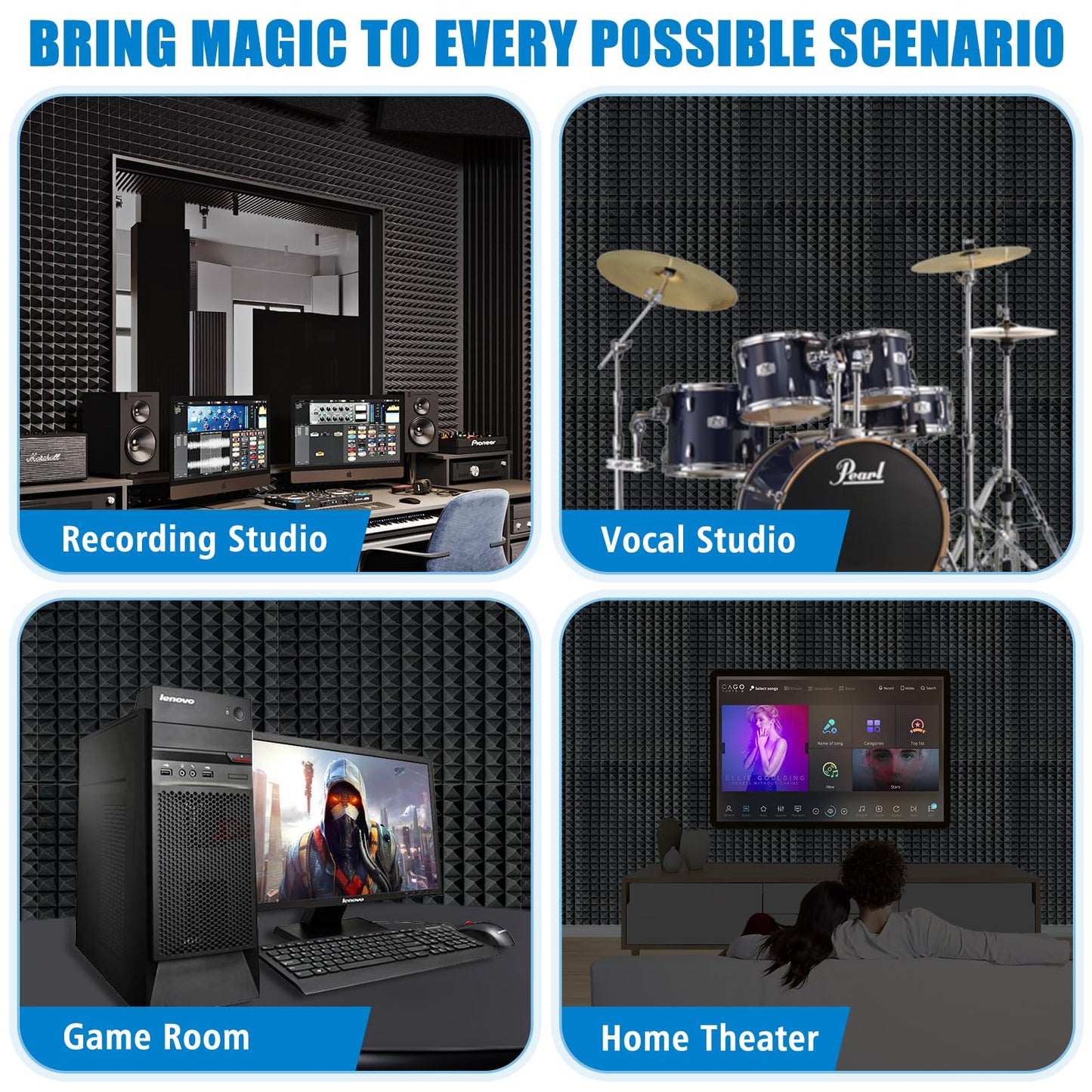 4 Pack Black Acoustic Foam Panels,48x24x2 Inch Sound Proof,High Density Soundproof Wall Panels,Fireproof Cancelling Foam Studio (Black, 4 PCS)