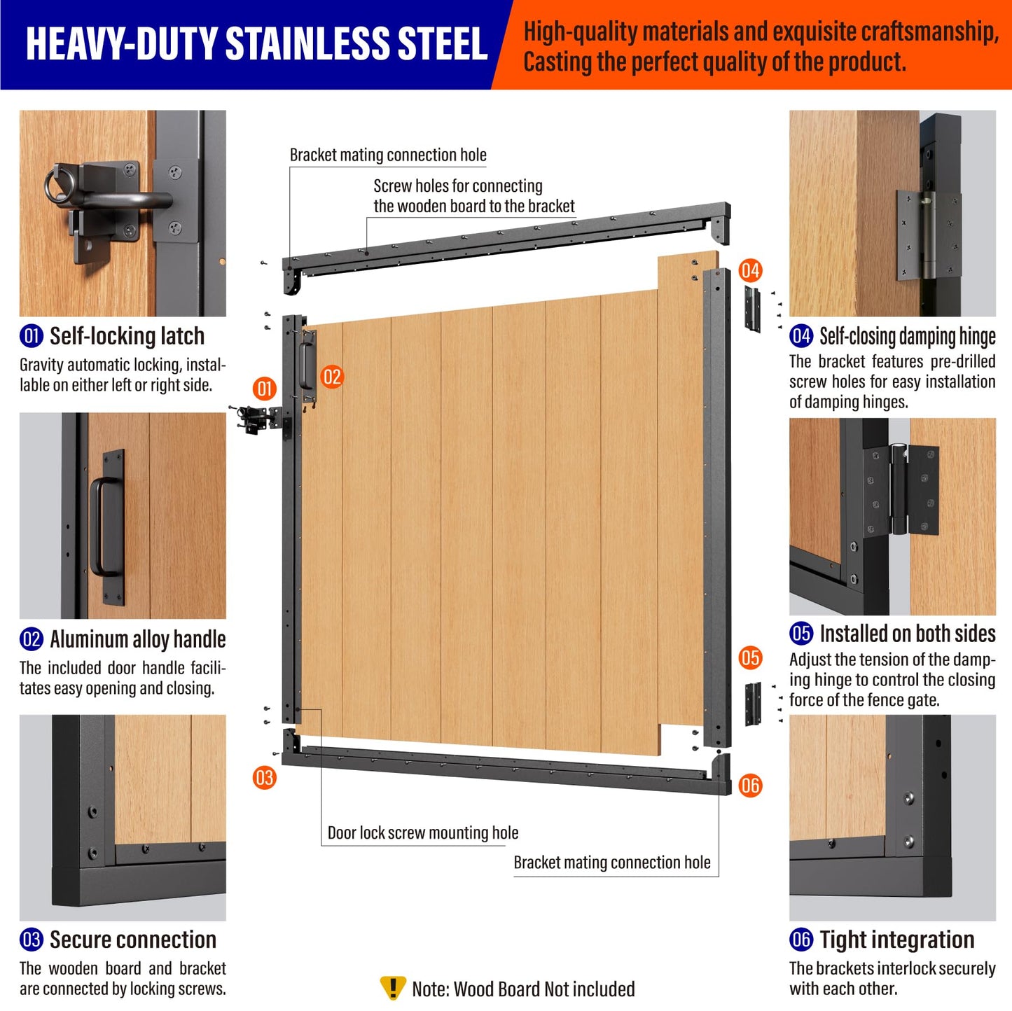 Prinfort 4x4FT (46.78"W X 47.2"H) 201 Stainless Steel Anti Sag Wooden Fence Gate Kit Heavy Duty Garden Gate Frame Hardware Kit Reinforcement (Left/Right Free-Installation)