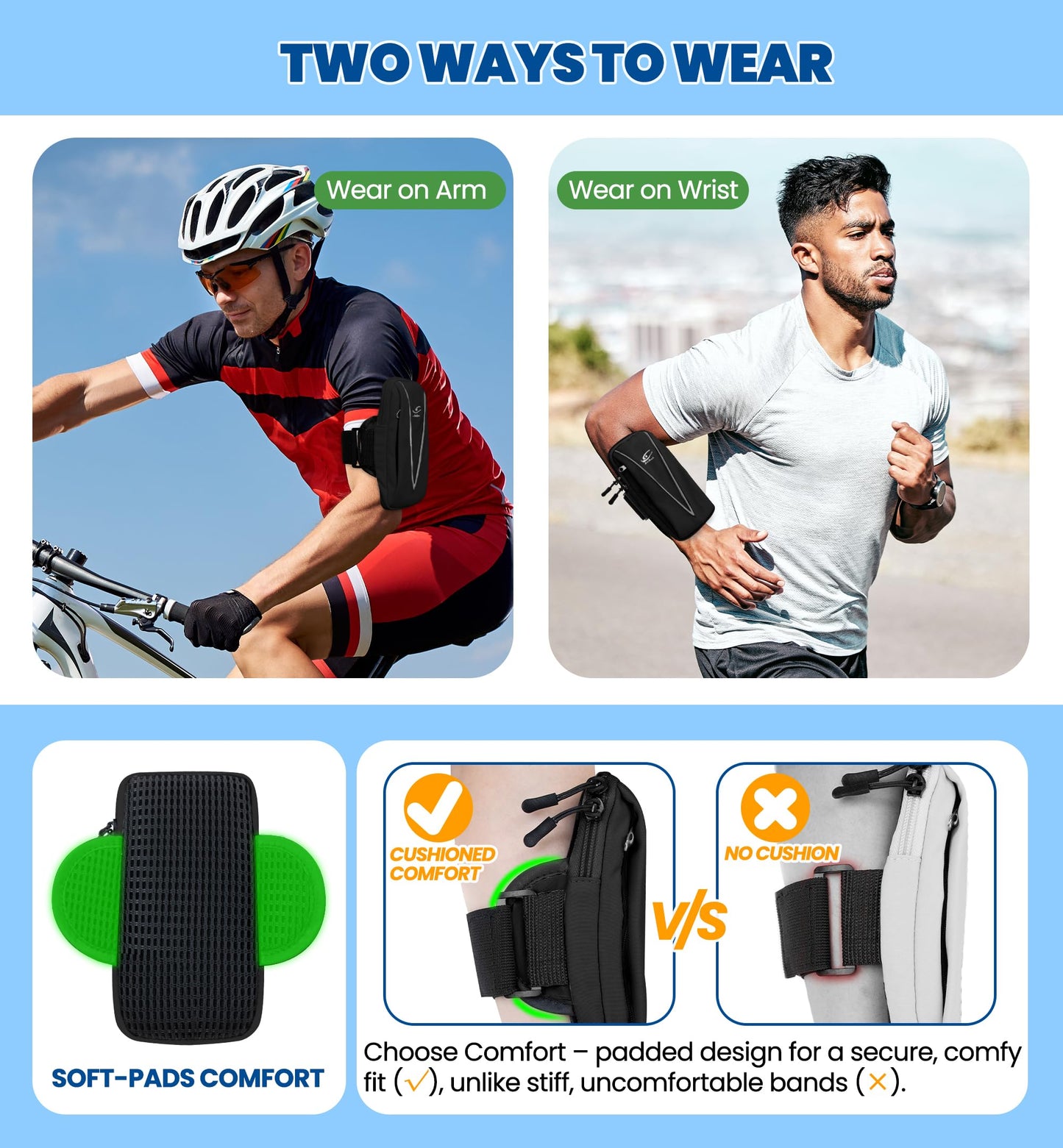 HiRui Cell Phone Holder Arm Bag & Wrist Bag for Phone, Sports Running Armband for Gym & Cycling, Compatible with iPhone 17/17Pro/Plus/16/15 Samsung Galaxy All Phones, Reflective & Adjustable (Black)