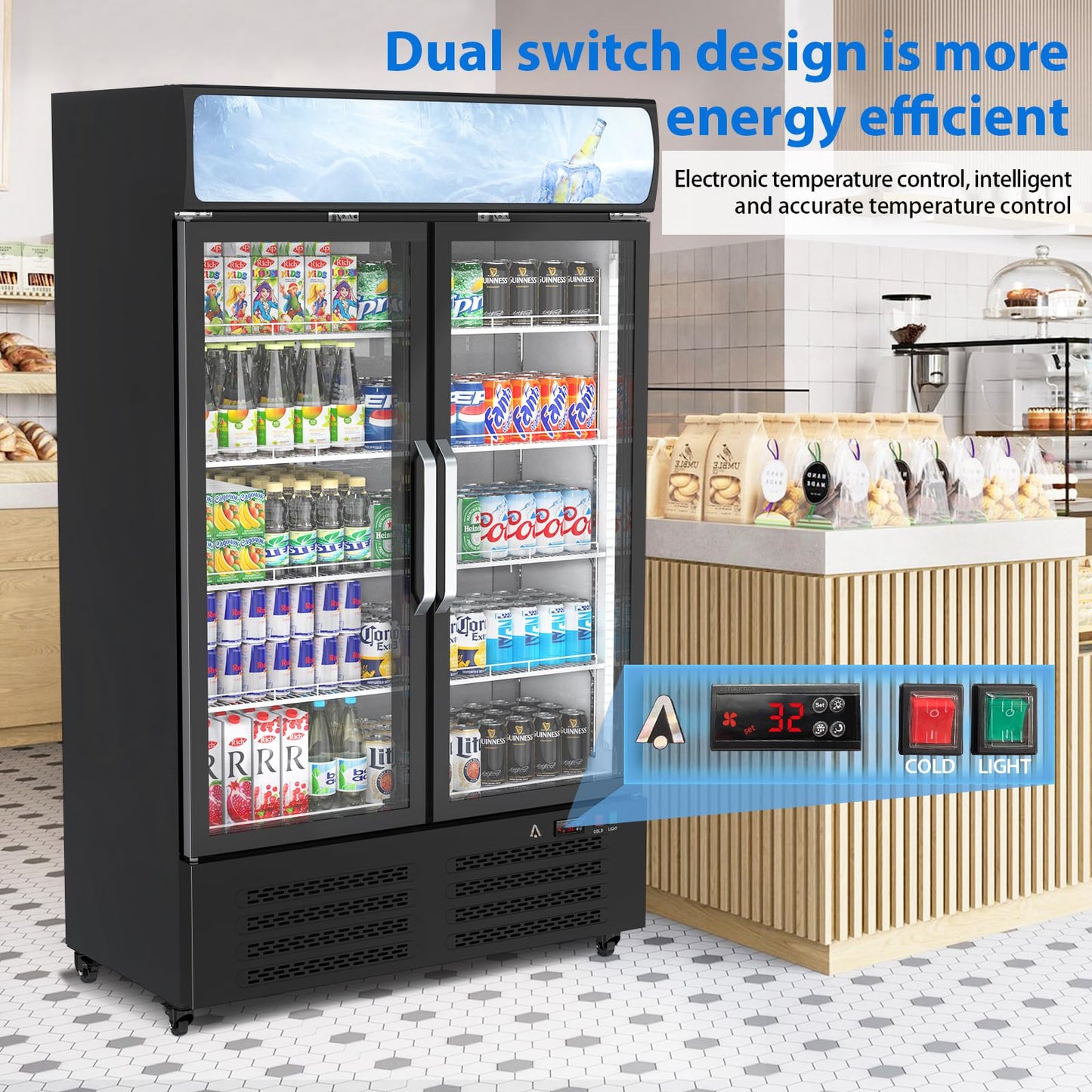 GAOMON Commercial Refrigerator, Commercial Beverage Display Cabinet with LED Top Panel, 32-50°F Adjustable, 25.3 Cu Ft Double Glass Door Merchandiser Fridge for Restaurant, Convenience Store, Black