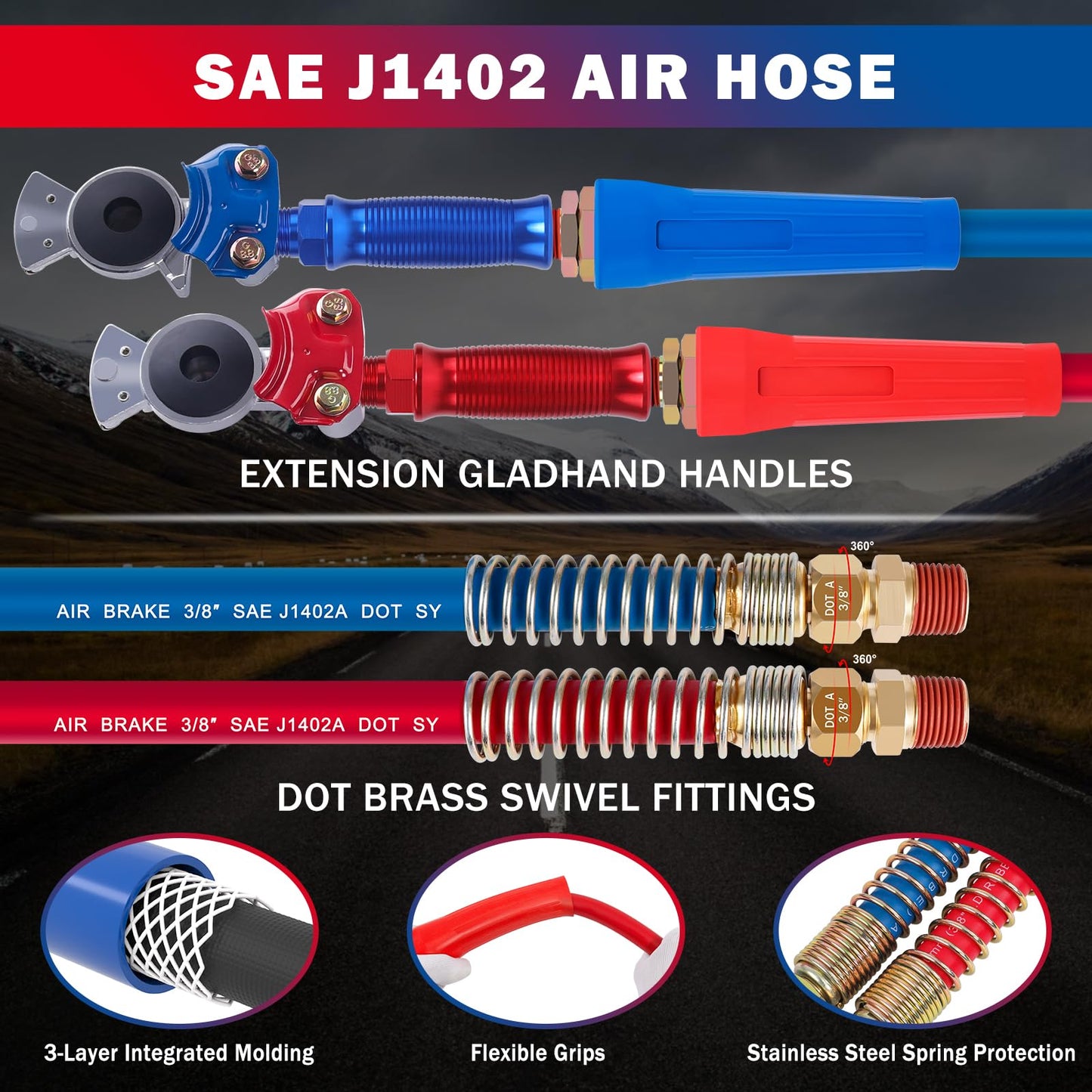 CheeMuii 12 FT Semi Truck Air Lines Kit with 2 PCS 16" Single Tender Spring Kit Gladhands with Gladhand Holder and Handles 3IN1 Red & Blue Air Hoses ABS Electric Power Line Kit for Truck Trailer