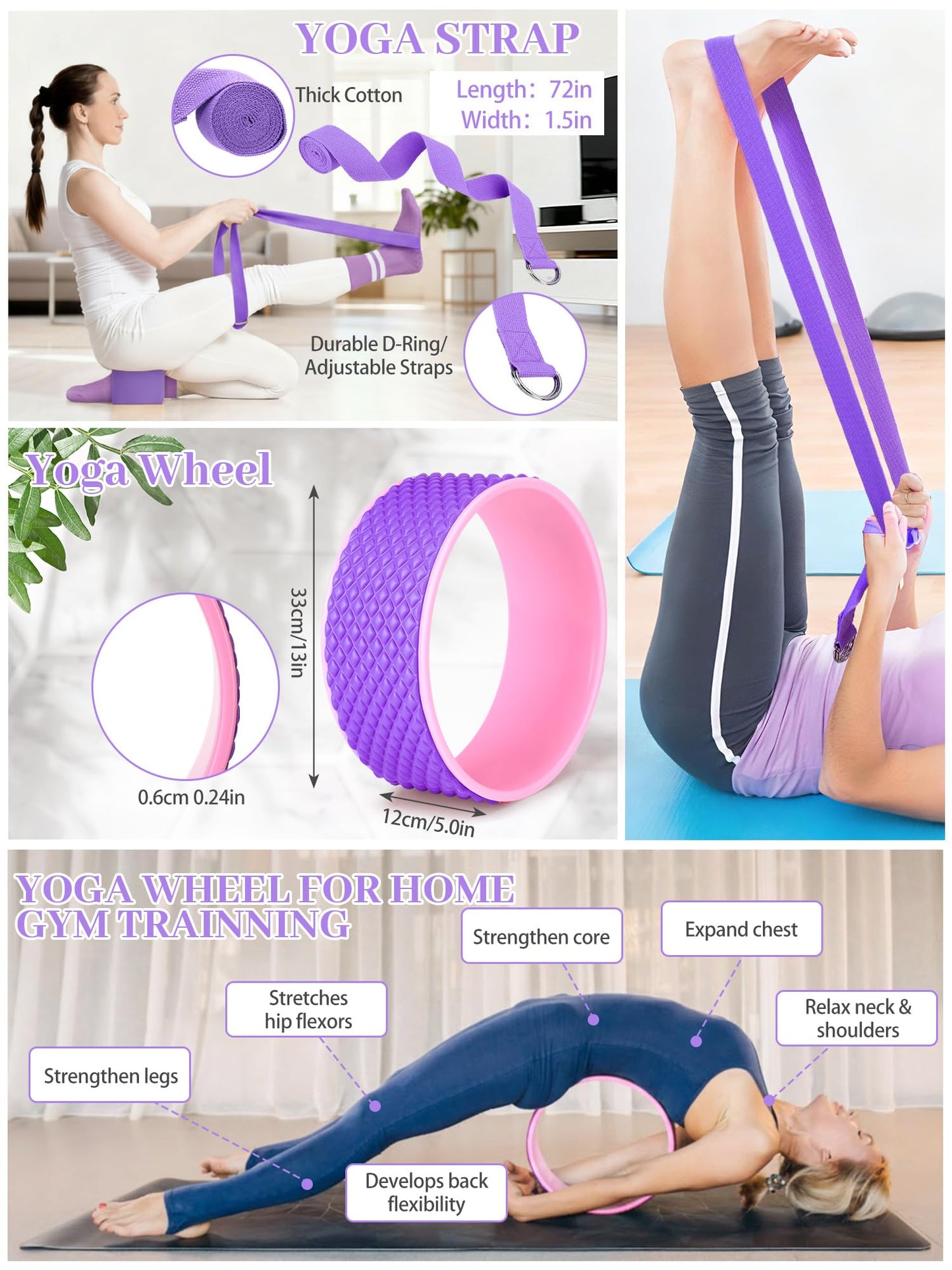 17 Pcs Yoga Essential Kit for Women, Pilates Equipment Starter Set for Beginners with Yoga Wheel Ball Blocks Strap Resistance Bands Wrist Rings Socks Towel & Carry Bag for Home Workouts(Purple)