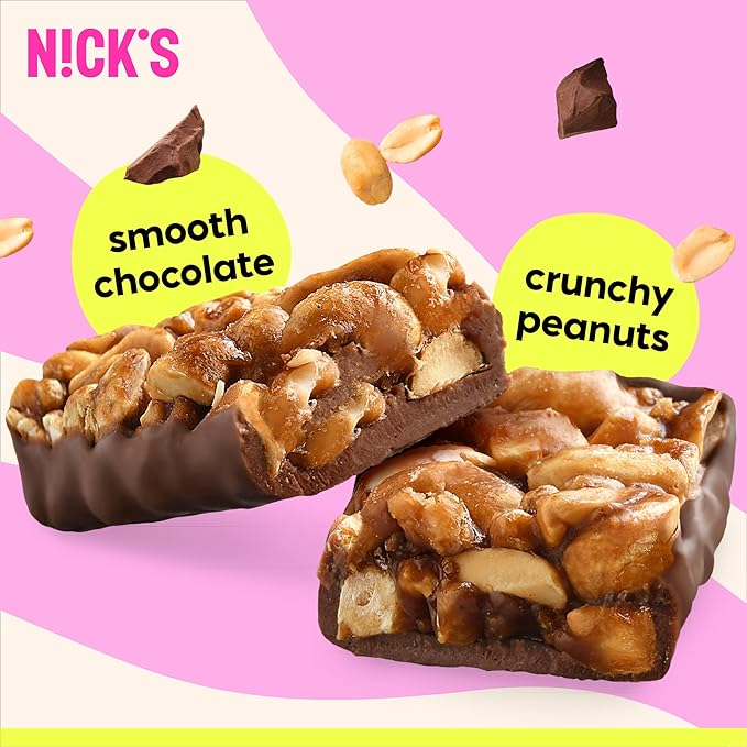 NICK'S Peanut Chocolate Snack Bar, Keto Nut Snack for Sports, Hiking & Outdoor Activities, 1G sugar, 3G net carbs, healthy snack bar (pack of 12)