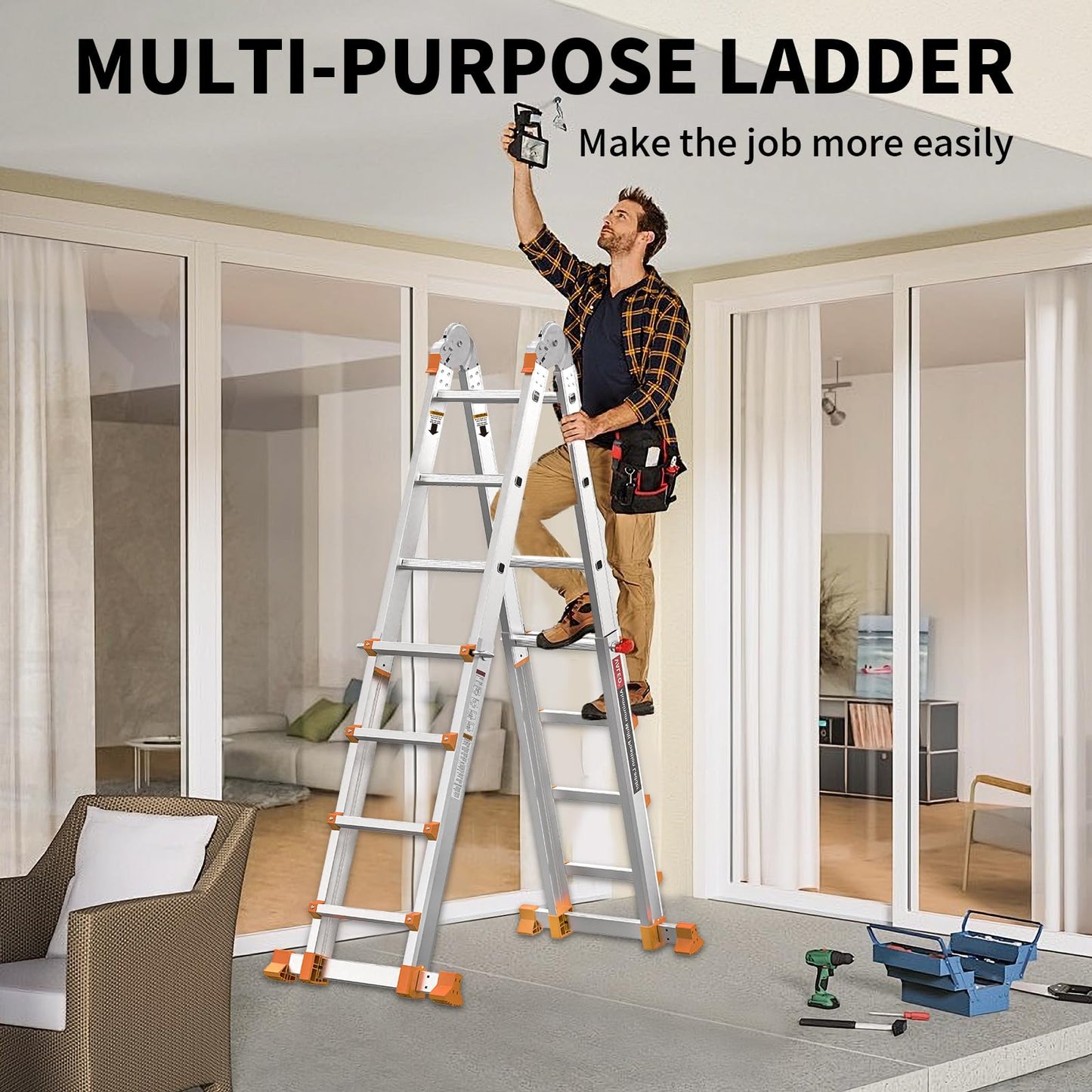 Valeo Ladder 22FT, Multi Position 6 Step Ladder Extension, Anti-Slip A Frame Folding Ladder with Removable Tool Tray, 330lbs Adjustable Telescopic Aluminum Ladders for Stairs Home Indoor Outdoor Roof