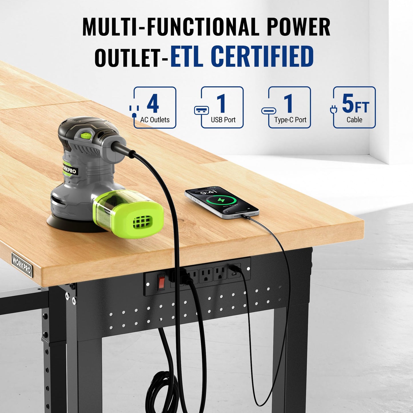 WORKPRO 96x24" Heavy-Duty Adjustable Workbench, 4000LBS Load Capacity Work Table with Power Outlet & Pegboard, Rubber Wood Top Workstation with Leveling Foot for Garage, Workshop