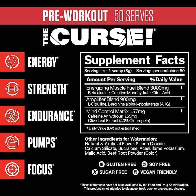 JNX SPORTS The Curse! Pre Workout Powder for Men & Women, Caffeine, Beta-Alanine, Creatine, L-Citrulline, 50 Servings, Watermelon Flavor ??Boost Energy, Strength & Focus