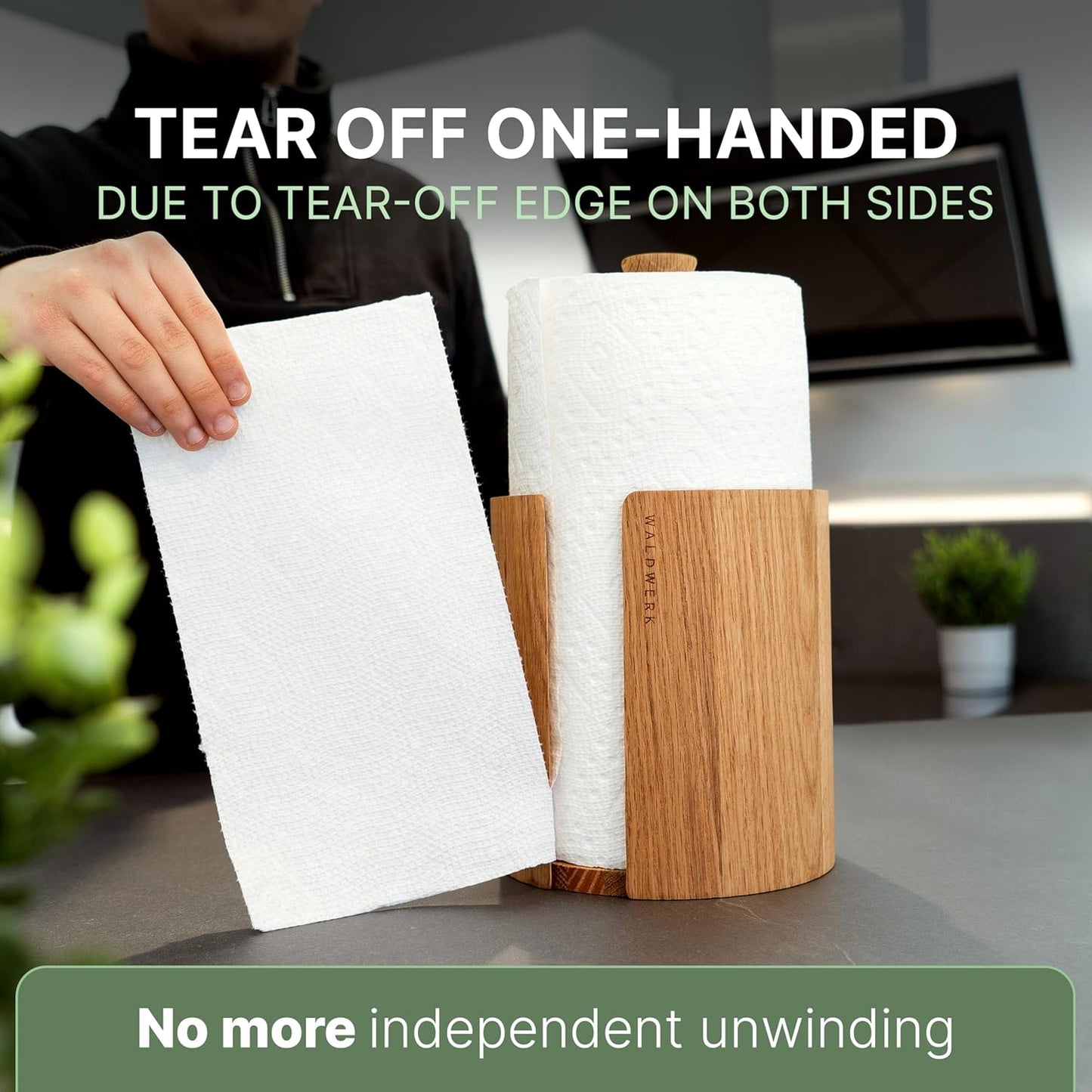 WALDWERK Oak Wood Paper Towel Holder - Stylish Kitchen Towel Stand for Standard Rolls | Countertop Design