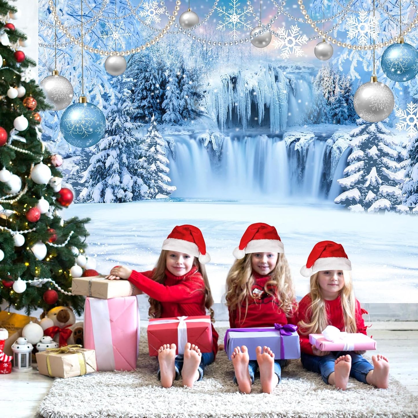 DUAIAI Frozen Winter Christmas Backdrop, Birthday Party Decorations Crystal Pendant Ice and Snow White World Wonderland