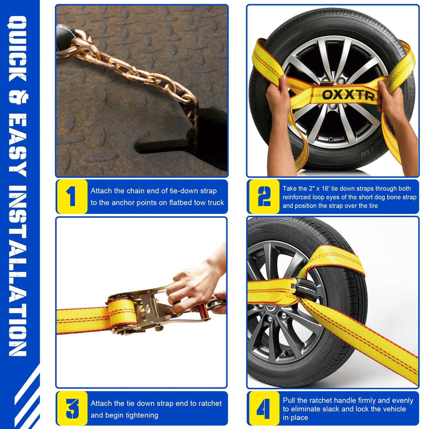 OXXTRIC 8 Point Roll Back Vehicle Tie Down Kit,Tow Truck Flatbed Straps with Chain Extension on Both Ends,WLL 3300 lbs,Heavy Duty Car Hauler Tire Over Wheel Tie Down Straps