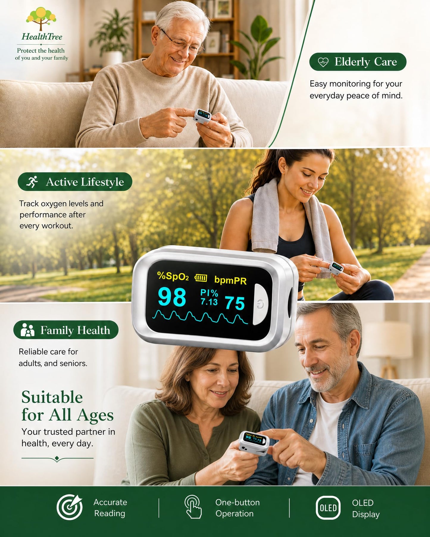 Healthtree JKS50B Pulse Oximeter Fingertip - Blood Oxygen monitor Fingertip with Perfusion Index, Fast 5-8s Reading, Large OLED Display, SpO2 & Heart Rate monitor for Home, Sports, Travel (Includes Batteries & Lanyard)