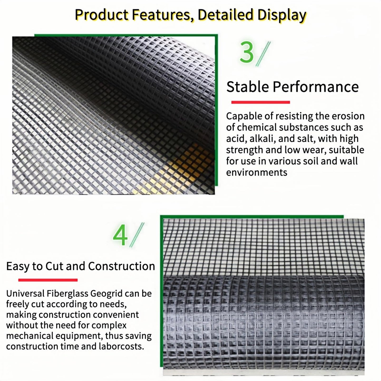 Universal Retaining Wall Geogrid Roll 4' x 98' for walls up to 6 feet in height Fiberglass Geo Grid Tensile Force Value 50KN Soil Reinforcement Slope Reinforcement Pavement Repair and Crack Prevention
