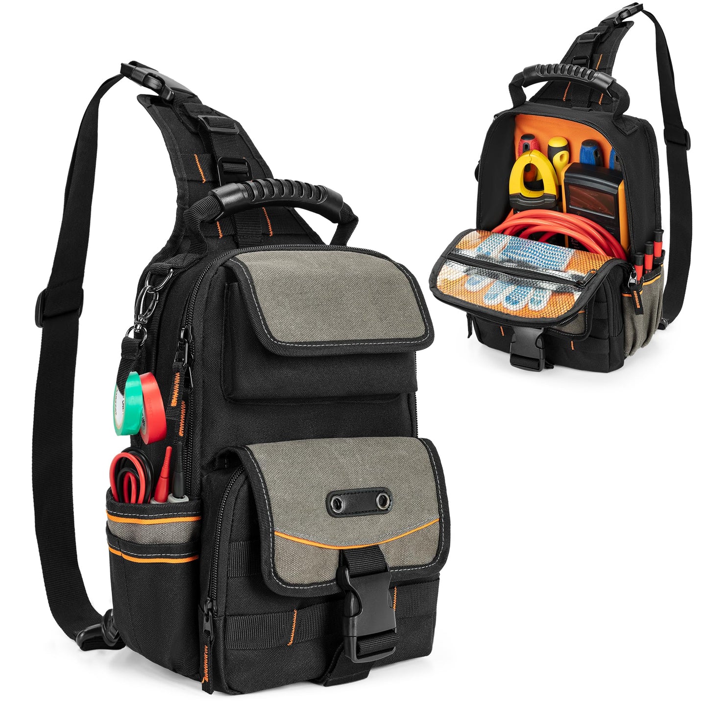 Trahzia Electrician Tool Pouch Bag, Zippered HVAC Tool Organizer with Ergonomic Handle and Shoulder Strap for Maintenance Repair Technicians, Black