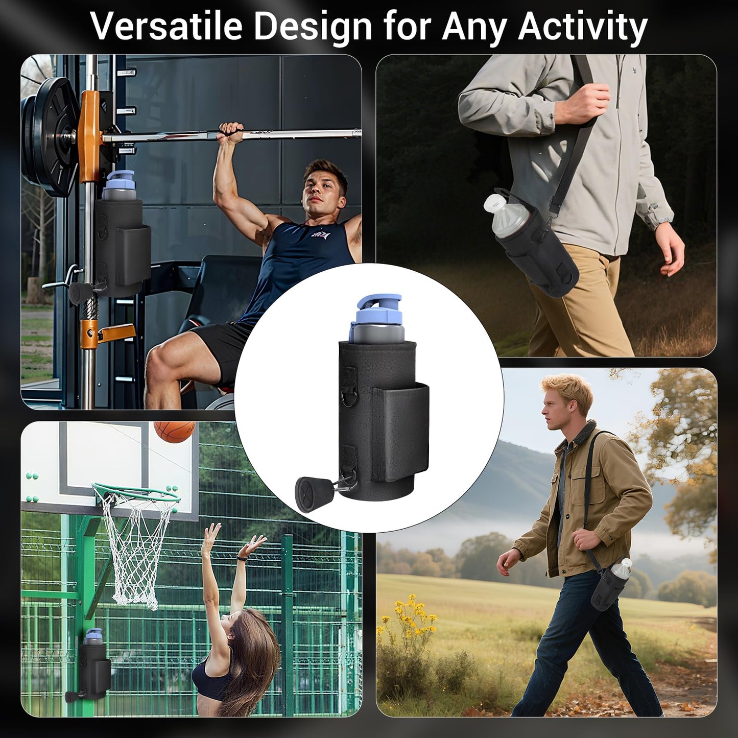 Magnetic Gym Bag with Phone Pocket Water Bottle Holder – 6 Built-in Magnets for Hands-Free Use – Ideal for Workouts, Outdoor, Travel – Securely Attaches to Equipmen (Black)