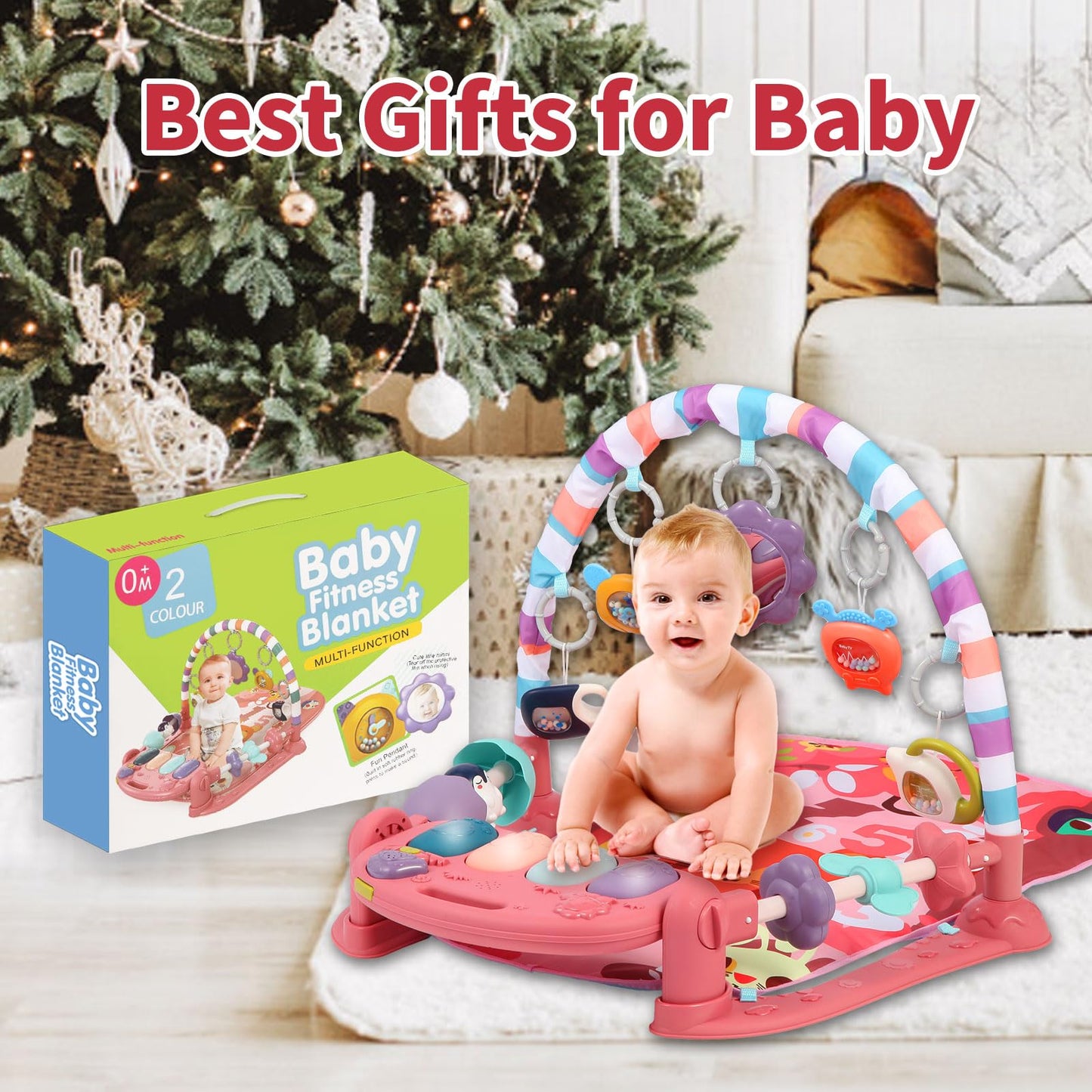 Baby Gym Play Mat, Piano Kick and Play Lights and Music Tummy Time Toys Infant Musical Activity Gym Mat for Visual, Hearing, Sensory, Gift Suitable for Newborns Aged 0 to 3 6 9 12 Months (Pink)