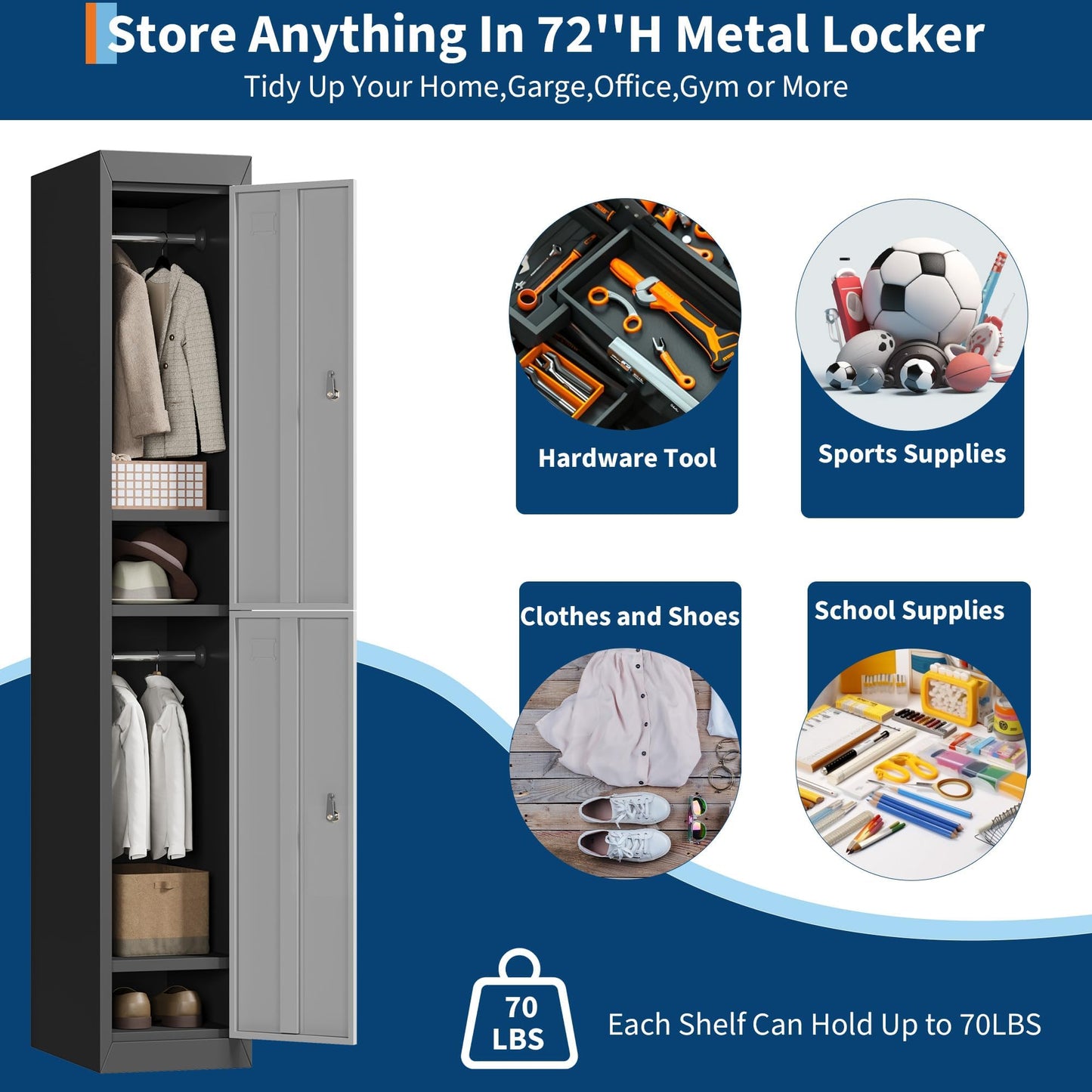 IDEALHOUSE Metal Locker, Metal Storage Cabinet with Shelves and 2 Doors, Perfect for Employees and Students, Fits Schools, Garages, Offices, Gyms, and Homes, Easy Assembly, Grey and Black