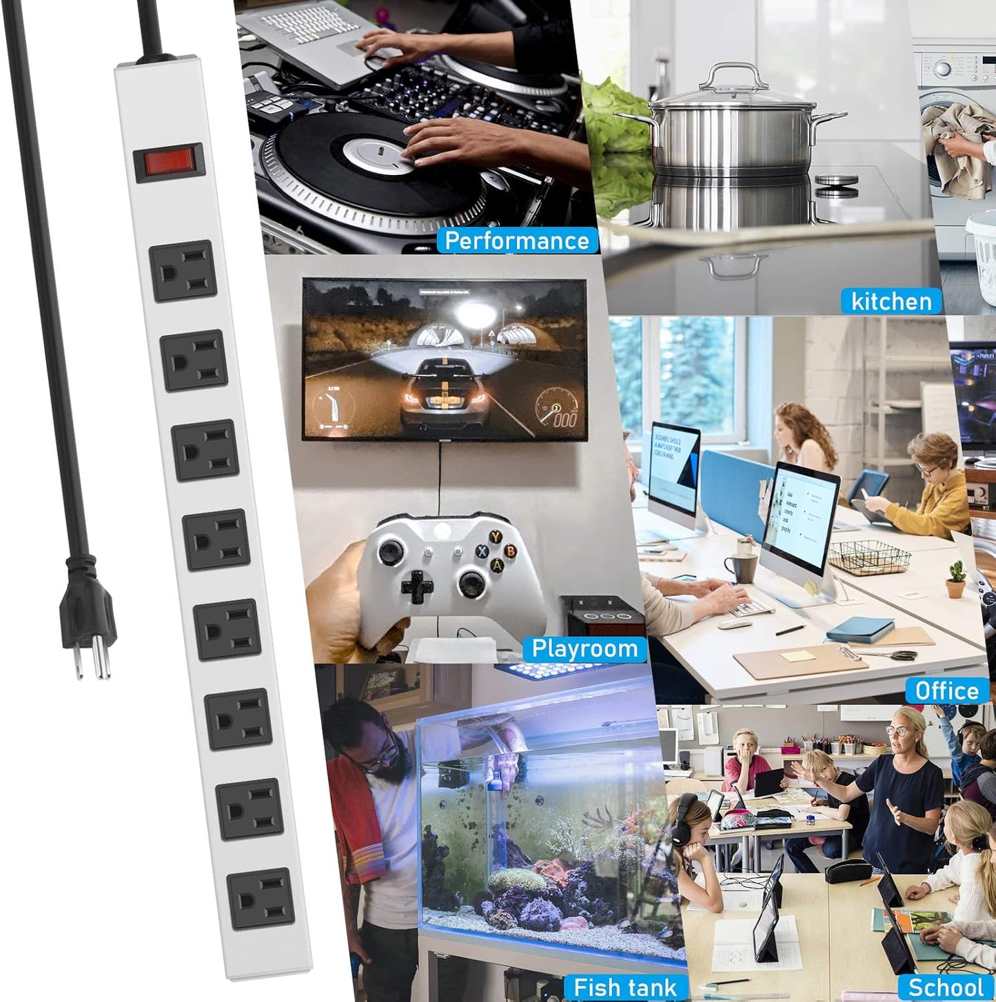 JUNNUJ 8 1200J 15A 125V 1875W, 10 14AWG Metal Outlet Power Strip, Mountable Heavy Duty Power Strip, Surge Protector