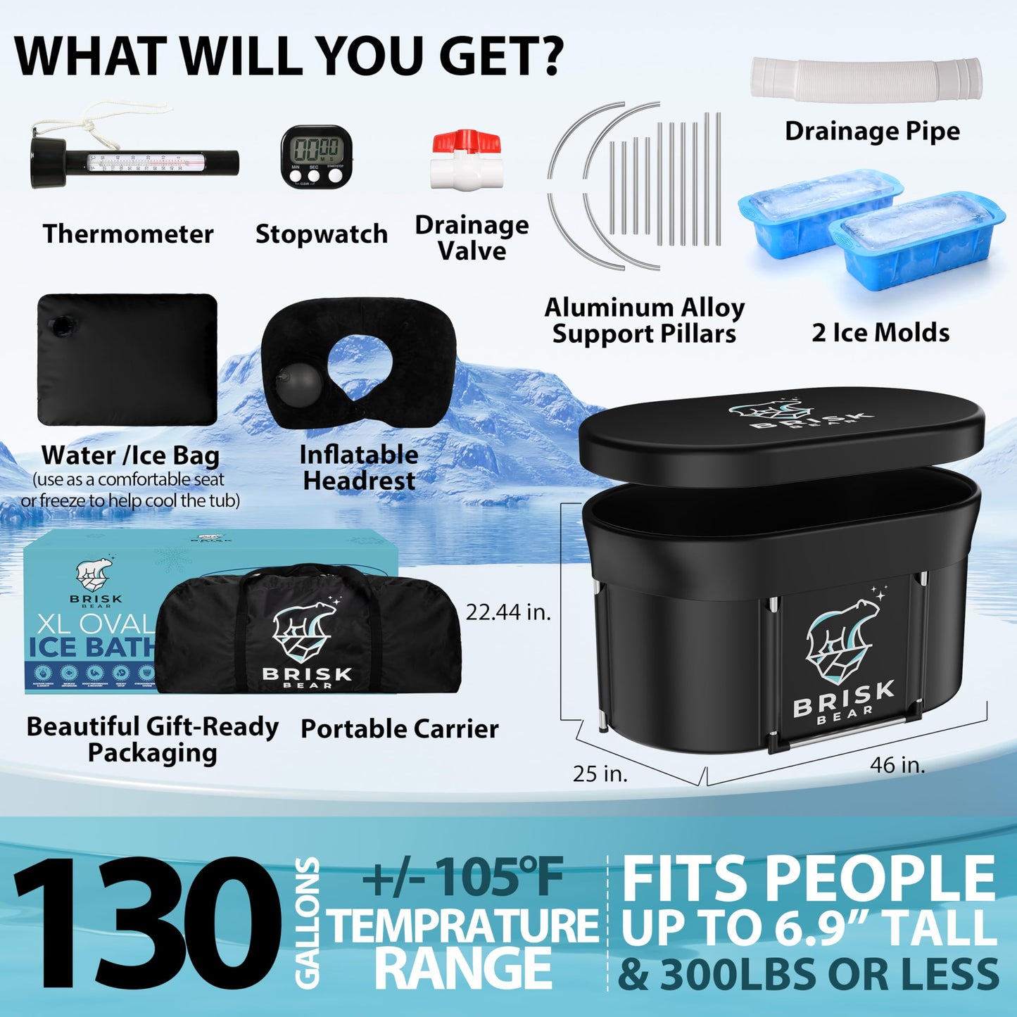 XL Oval Ice Bath Tub for Athletes with Cover by Brisk Bear - Extra Large Cold Plunge Tub for Recovery - Ice Tub with Digital Timer, Thermometer & Reusable Ice Molds - Cold Plunge to Soothe Muscles