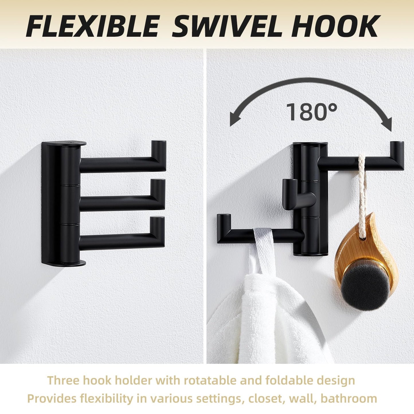 APLusee Swivel Towel Hook, 304 Stainless Steel Foldable Clothes Hook with Multi Three Rotating Arm, Flexible Bathroom Kitchen Storage Hanger Wall Mounted, Matte Black