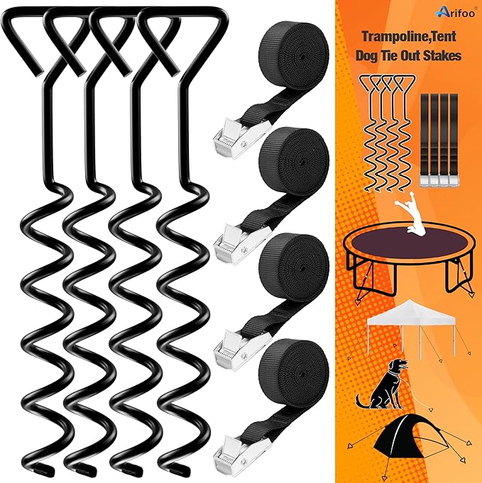 Trampoline Stakes Heavy Duty Strong and Galvanized Steel Corkscrew High Wind Anchor Kit for Trampoline Camping Tents Tie Down Anchors