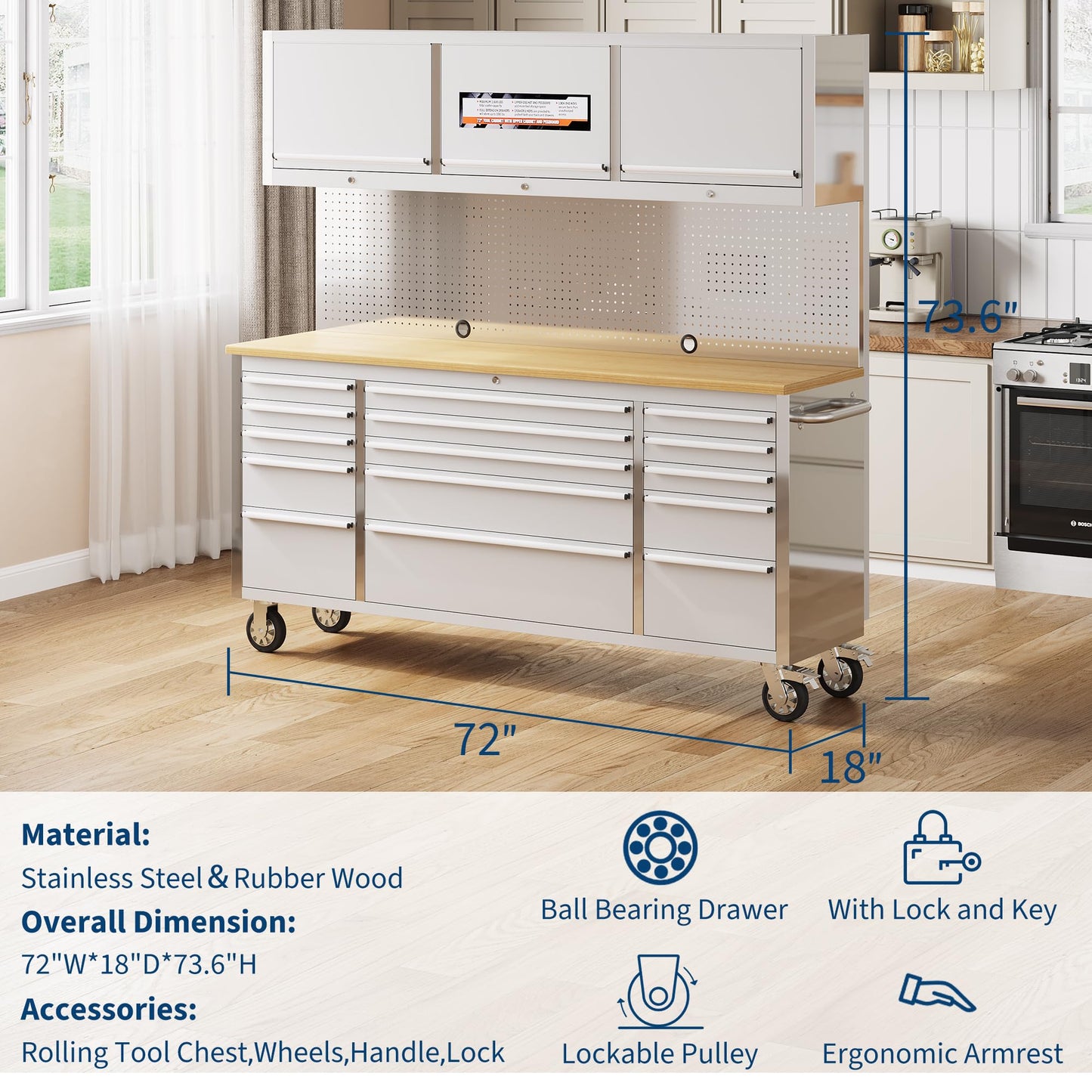 PeacefulHues 72 Inch Rolling Tool Chest with 15 Drawers, Rubber Wood Workbench Top, Anti-Fingerprint Steel, Lockable Wheels & Key Lock, Mobile Storage Cabinet Organizer for Garage & Workshop