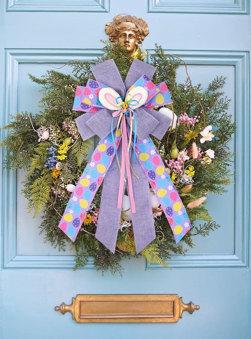 FinBurtip Easter Wreath Bows, Large Easter Rabbits Burlap Bows Holiday Bow Rabbits Bunny Bows for Wall Indoor Outdoor Decor (Purple)