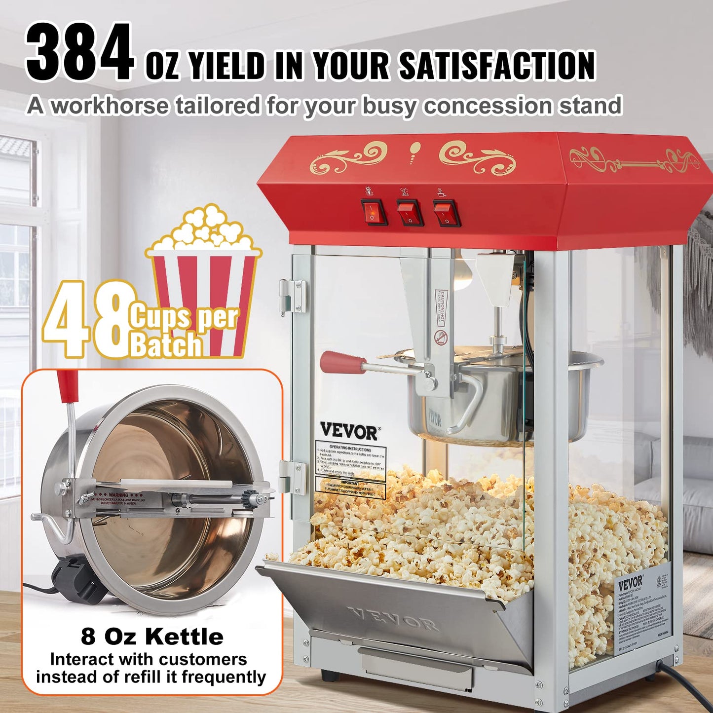 VEVOR Electric Cotton Candy Machine, 1000W Commercial Floss Maker with Stainless Steel Bowl & Commercial Popcorn Machine, 8 Oz Kettle, 850 W Countertop Popcorn Maker for 48 Cups per Batch