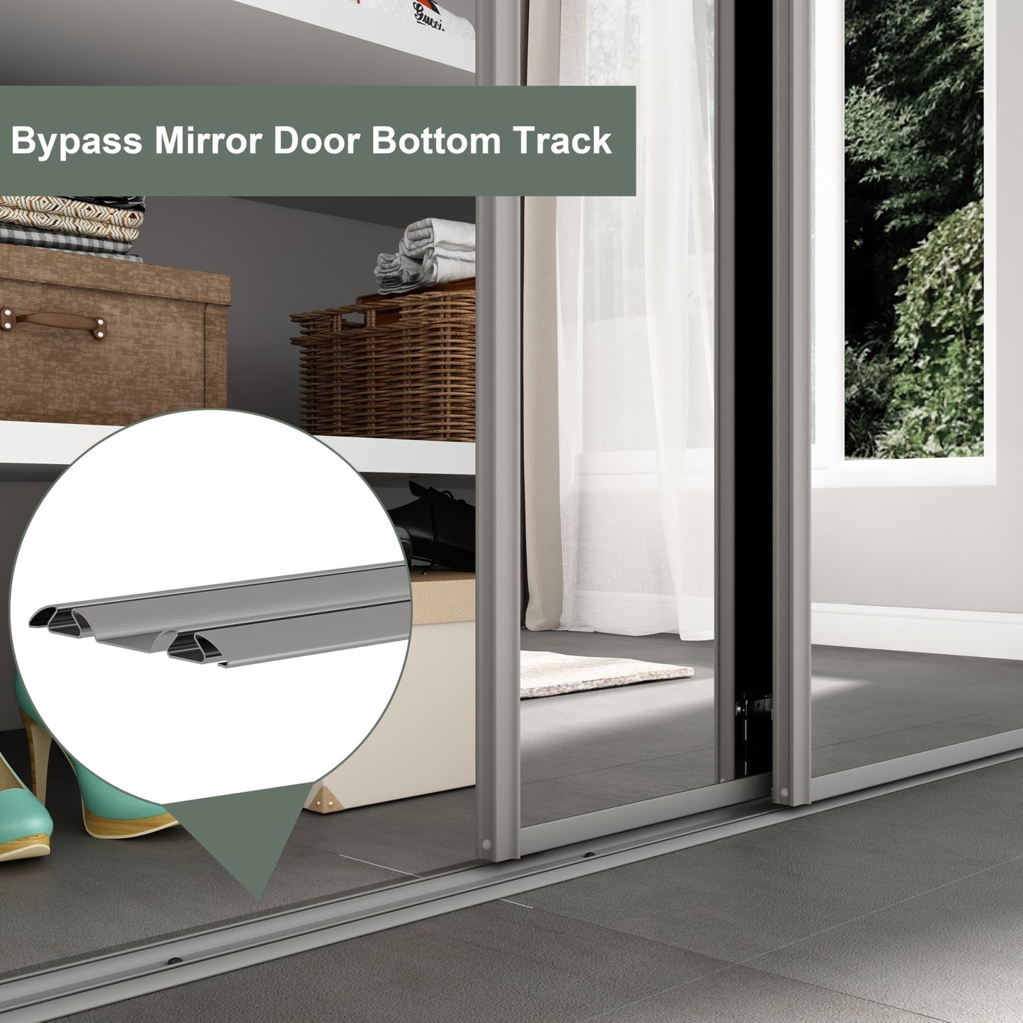 Bypass Mirror Closet Door Bottom Track, 60" Length, 2-11/16" Width, Gray Metal, Roll Formed Steel Sliding Door Guide Rail, Fit Convex Roller Assemblies