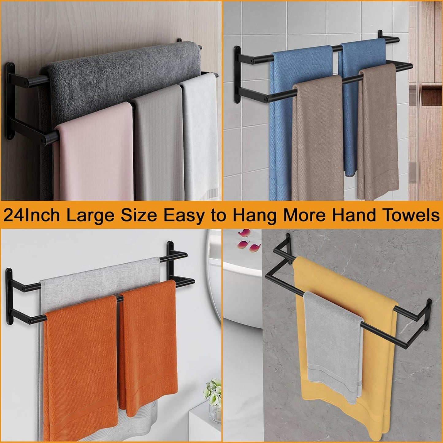 Skiennix Double Towel Bar - 24-Inch Stainless Steel Wall-Mounted Towel Rack in Matte Black