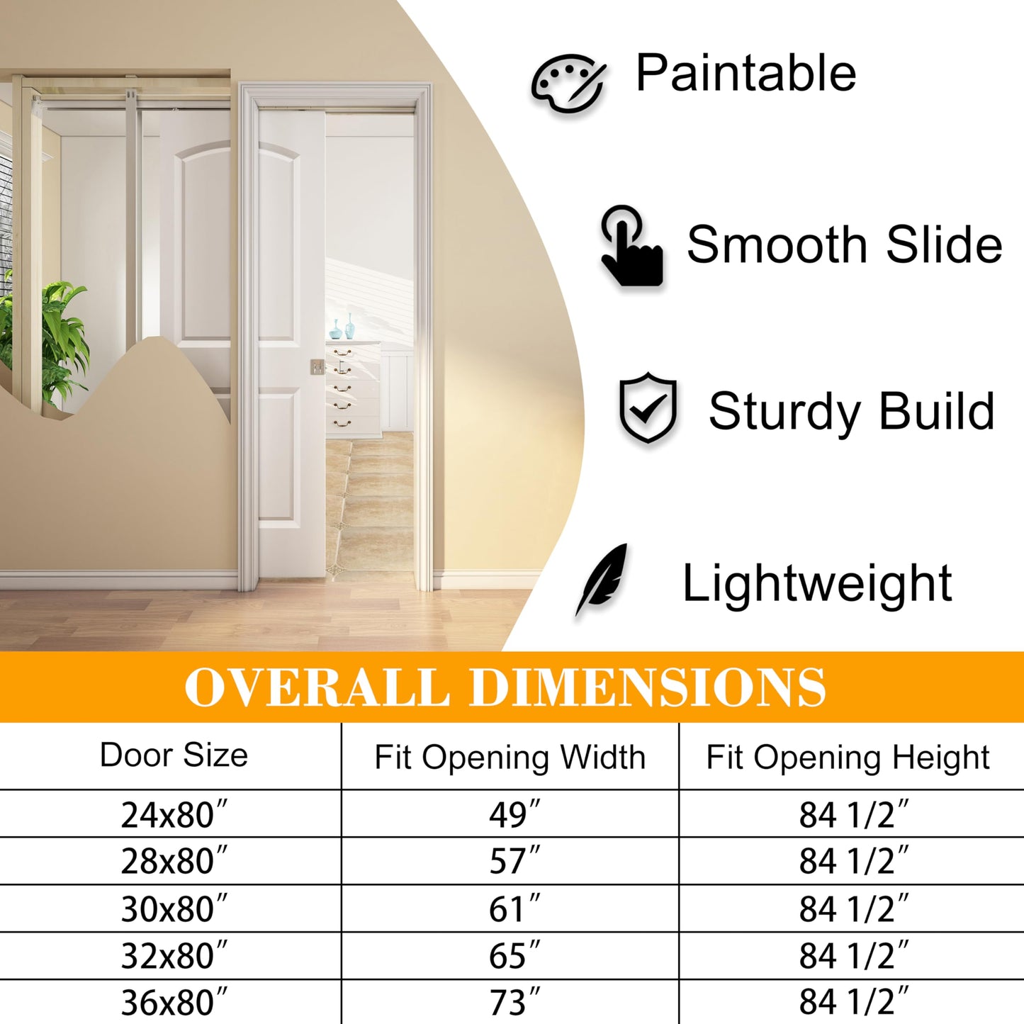 BARNSMITH 30in x 80in Sliding Pocket Door, Raised 2-Panel Arch Top Smooth White Primed Door Slab wtih Track Hardware and Frame Kits & Privacy Latch, Soft Close Mechanism, Durable and Smooth-Sliding