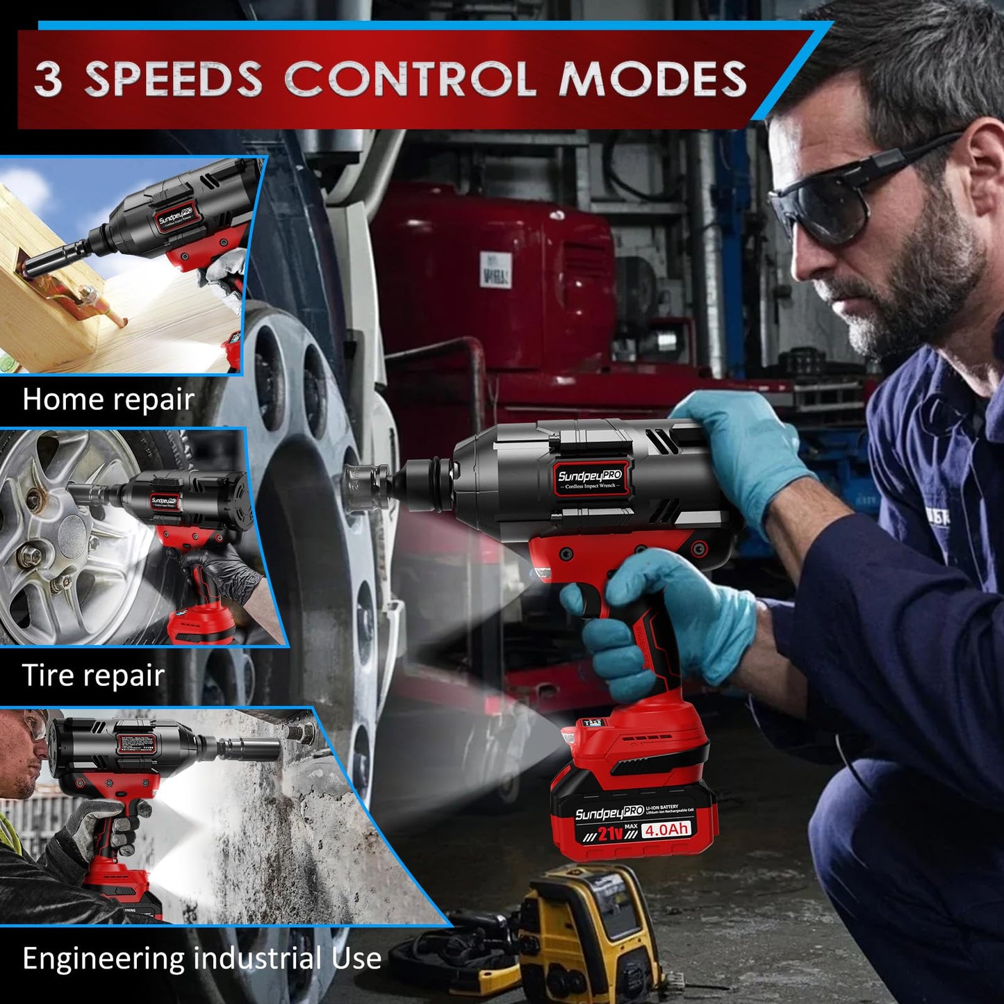 SundpeyPRO Cordless Impact Wrench 1600Ft-lbs - 2100N·m High Torque Impact Gun with 2 * 4.0Ah Battery - 3/4 Inch Brushless Impact Driver with 3/4" to 1/2" Adapter & 5 Sockets & Case for Car Truck Home