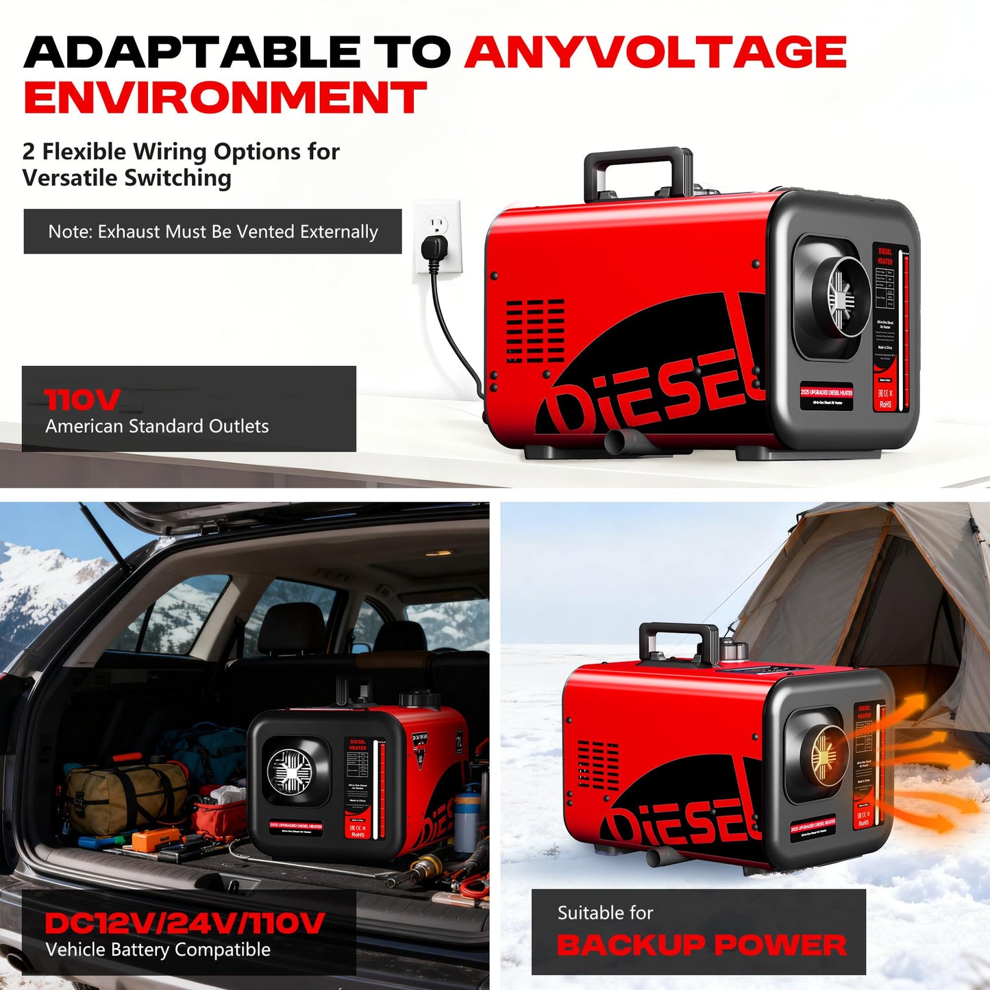 POXURIO 7L Large Diesel Heater, 8KW 240V/110V/12V/24V All in One Diesel Air Heater with LCD Switch, Remote Control, Suitable for Truck, RV, Home, Car, Campers, Boat, Red