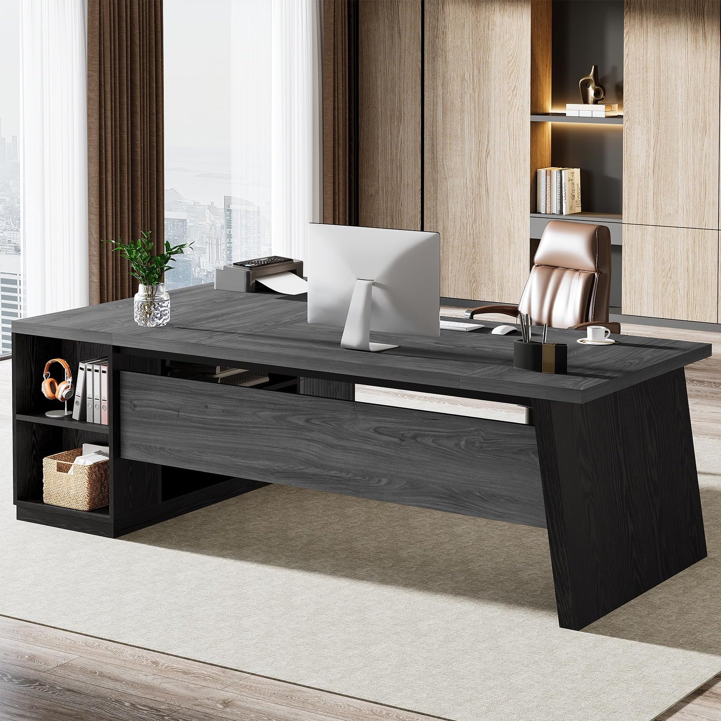Tribesigns 78" L Shaped Desk with Drawers, Lage Office Desk with Storage Shelves, Modern Corner Computer Desk for Home Office (Gray and Black)