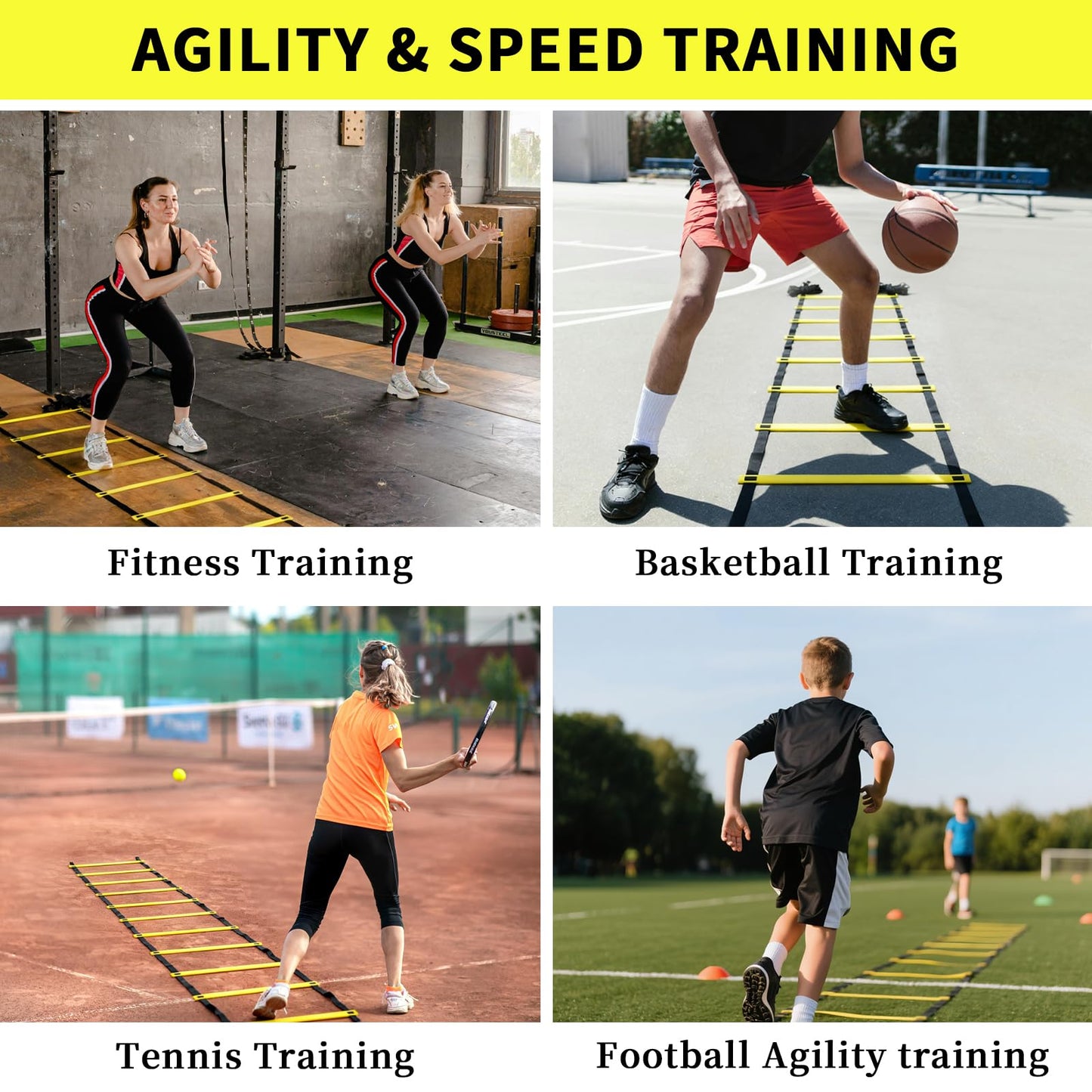 Sleteranpe 20ft Agility Ladder - Speed Ladder for Soccer with Carry Bag & Straps | 12 Adjustable Rungs | Soccer, Agility Training Equipment | Durable Footwork Ladder for Athletes (Yellow)