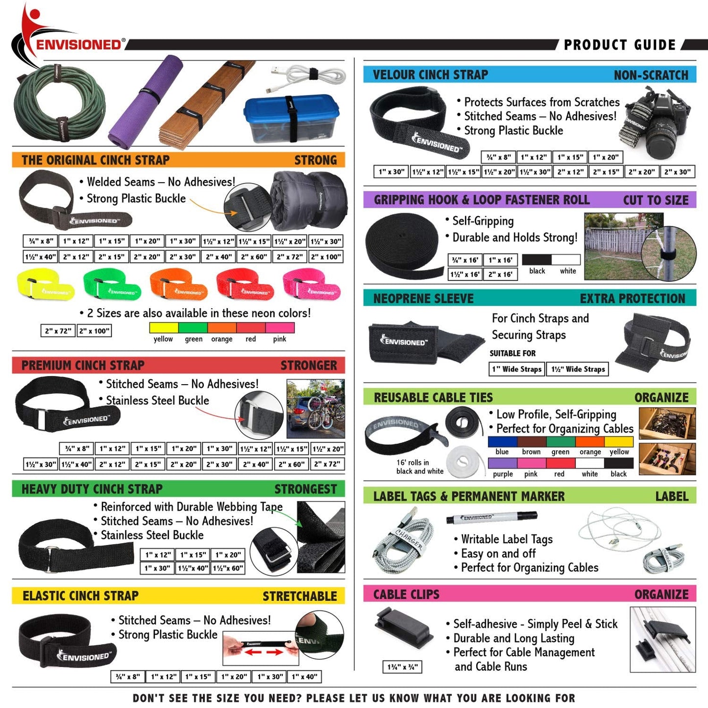 ENVISIONED Reusable Cinch Straps 1.5" x 15" - 10 Pack, Multipurpose Quality Hook and Loop Securing Straps (White)